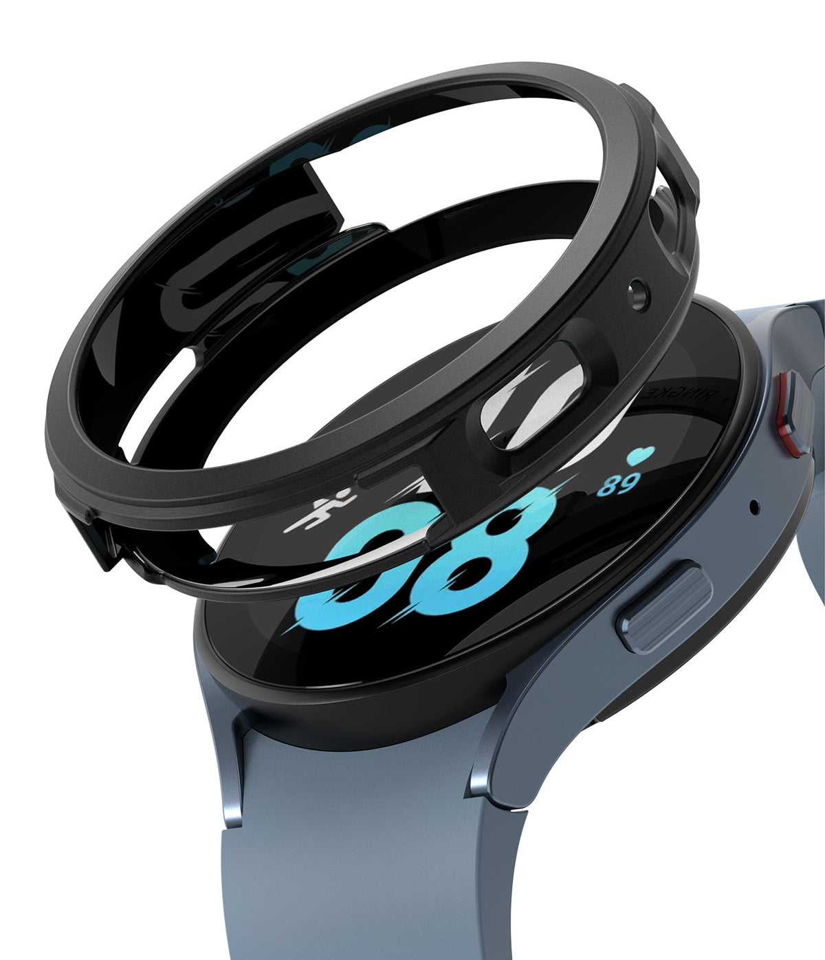 Galaxy Watch 5 44mm Case | Air Sports - Black protective watch case hovering above a blue Galaxy Watch 5.