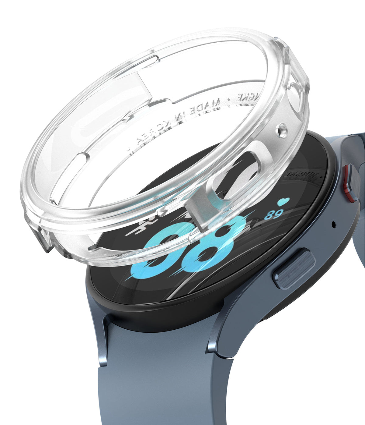 Galaxy Watch 5 44mm Case | Air Sports - Clear protective case hovering above a blue Galaxy Watch 5 44mm.