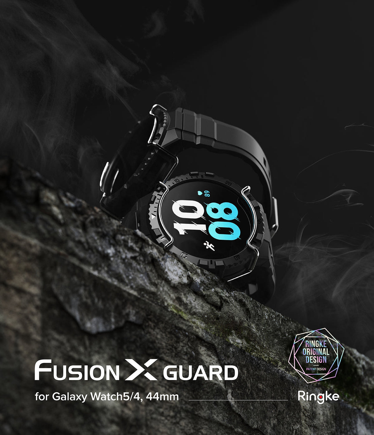 Galaxy Watch 5 / 4 (44mm) Case + Band + Wire | Fusion-X Guard - Rugged black smartwatch case on a rocky ledge with smoke.