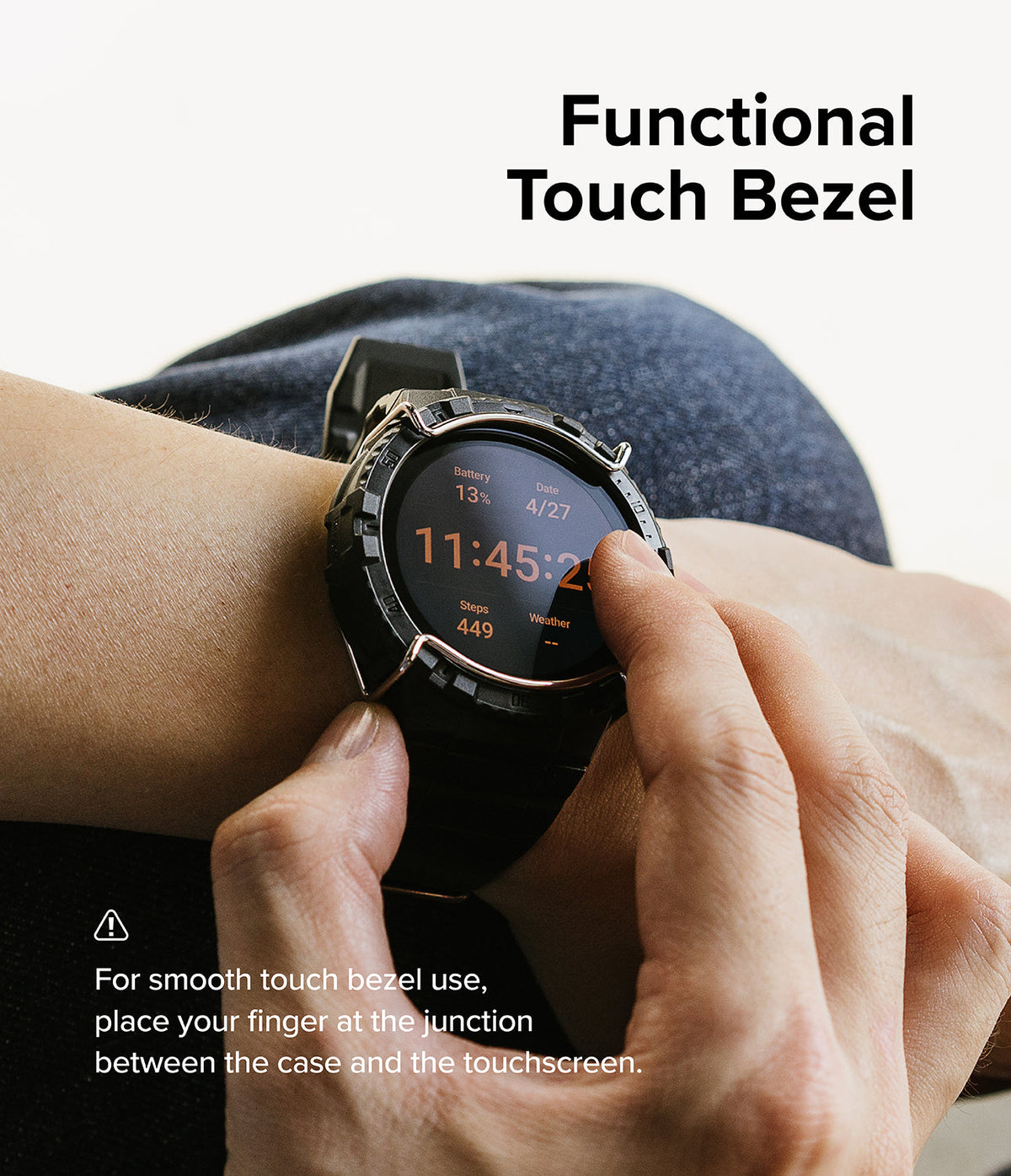 Galaxy Watch 5 / 4 (44mm) Case + Band + Wire | Fusion-X Guard - Finger touching the edge of a rugged watch screen.