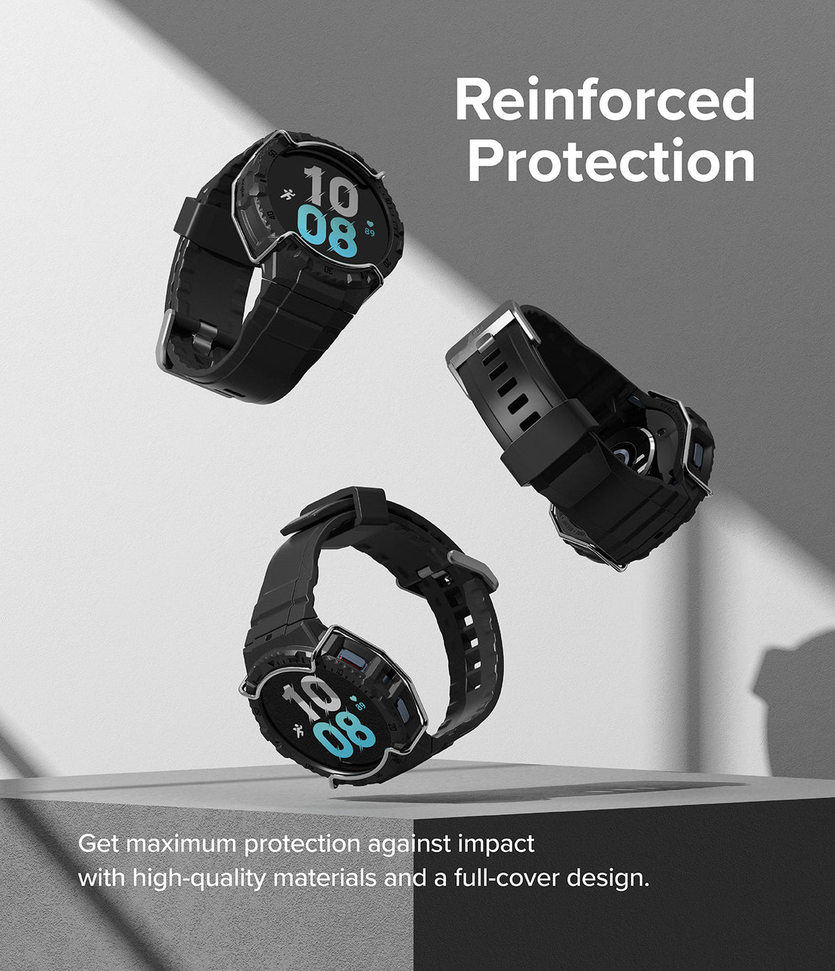 Galaxy Watch 5 / 4 (44mm) Case + Band + Wire | Fusion-X Guard - Three black rugged watch cases floating on a gray block.