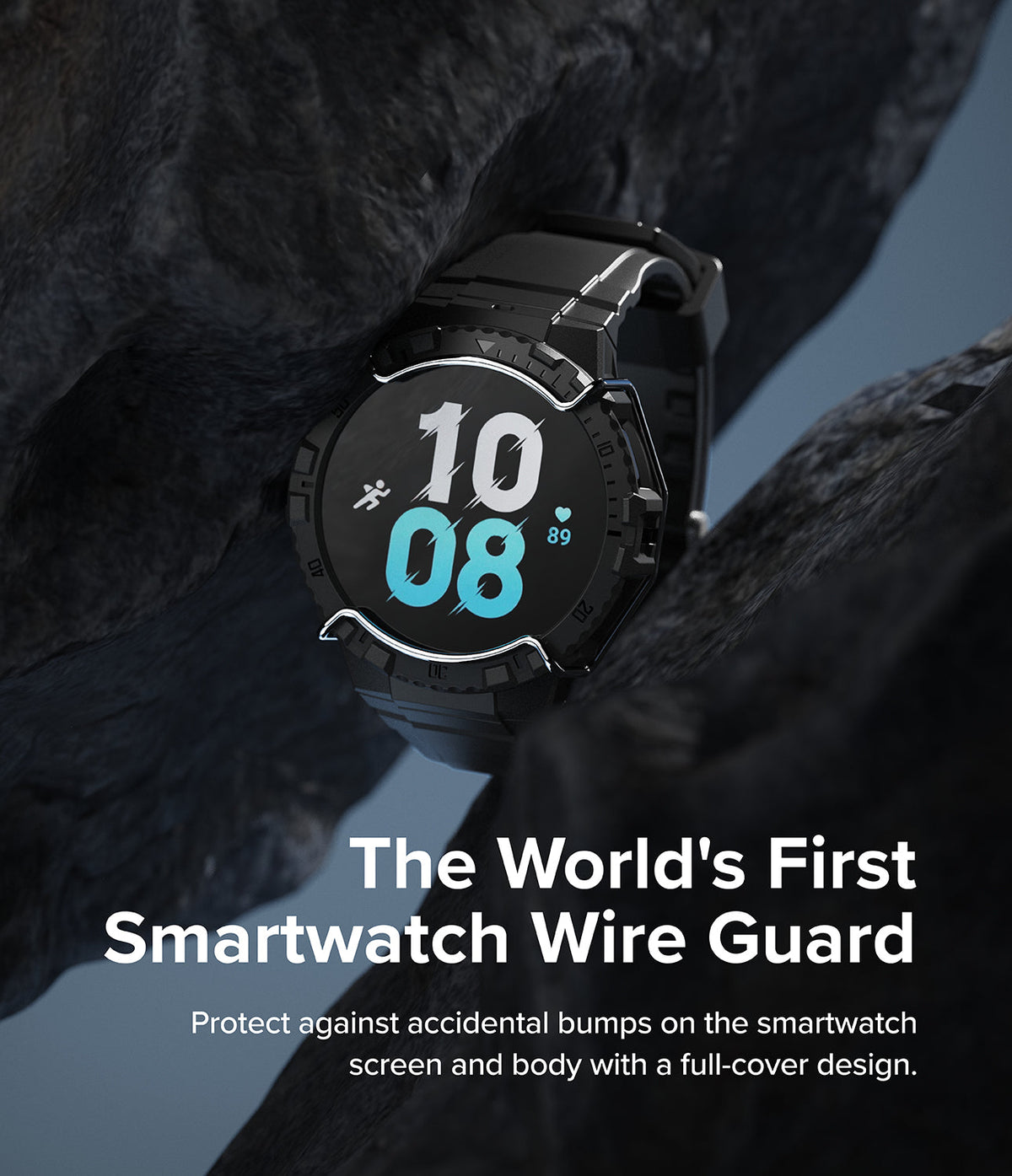 Galaxy Watch 5 / 4 (44mm) Case + Band + Wire | Fusion-X Guard - Black smartwatch with wire guard between jagged rocks.