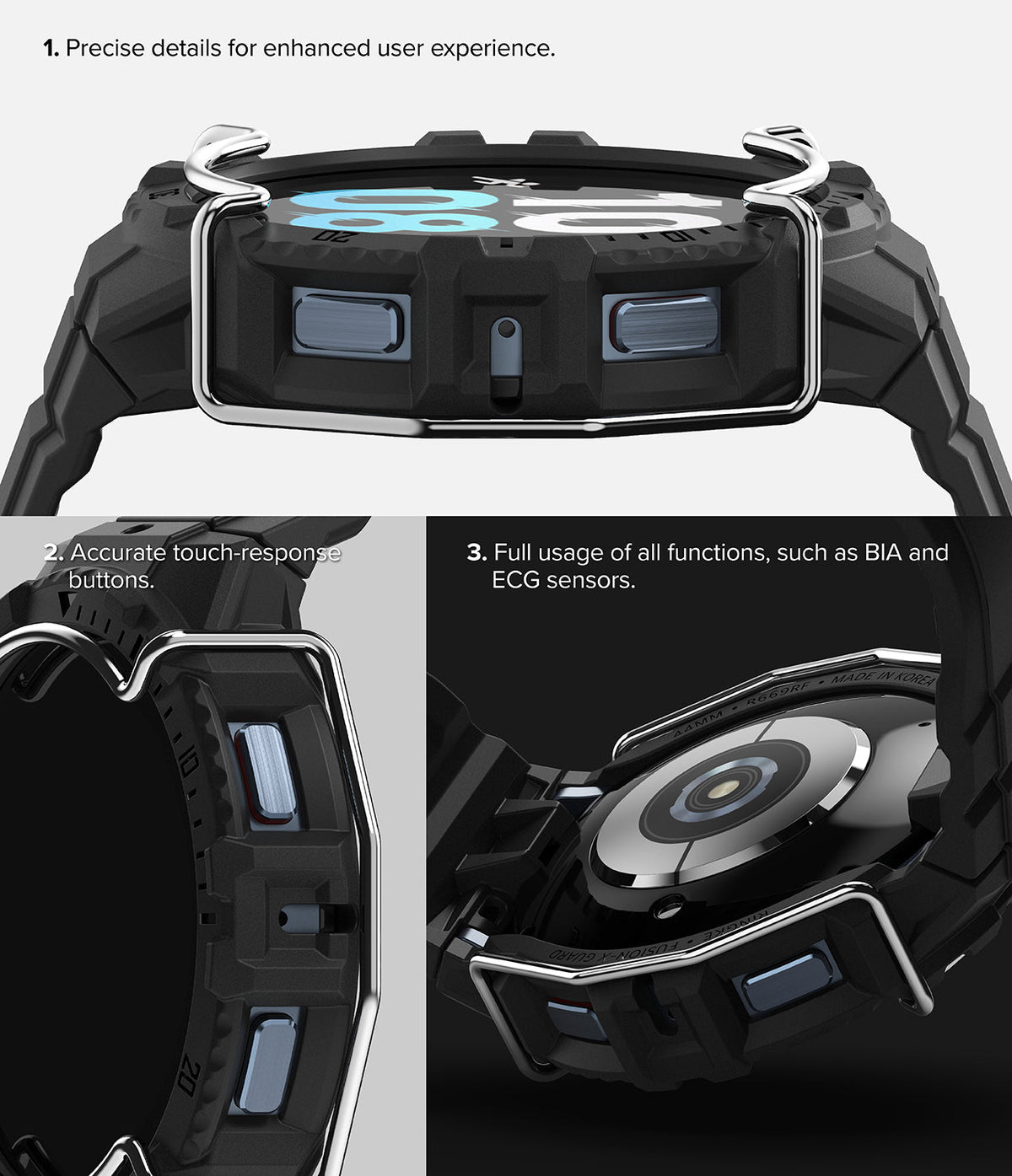 Galaxy Watch 5 / 4 (44mm) Case + Band + Wire | Fusion-X Guard - Close-up of black rugged watch case with metal wire guard.