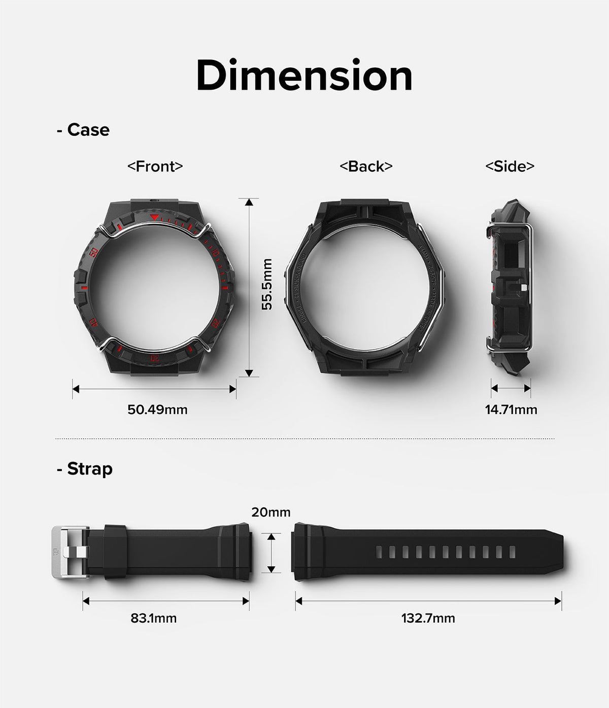 Galaxy Watch 5 / 4 (44mm) Case + Band + Wire | Fusion-X Guard - Technical diagram showing dimensions of watch case and strap.