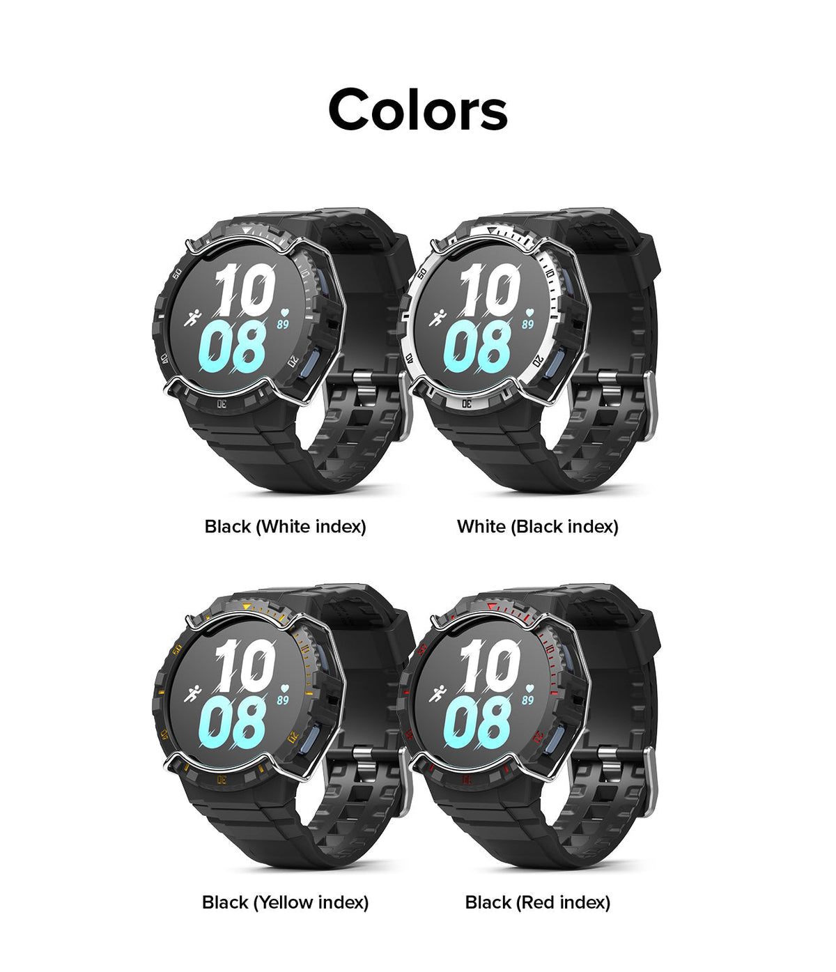 Galaxy Watch 5 / 4 (44mm) Case + Band + Wire | Fusion-X Guard - Four Galaxy watches with protective cases in black, white, yellow, and red index color variations.