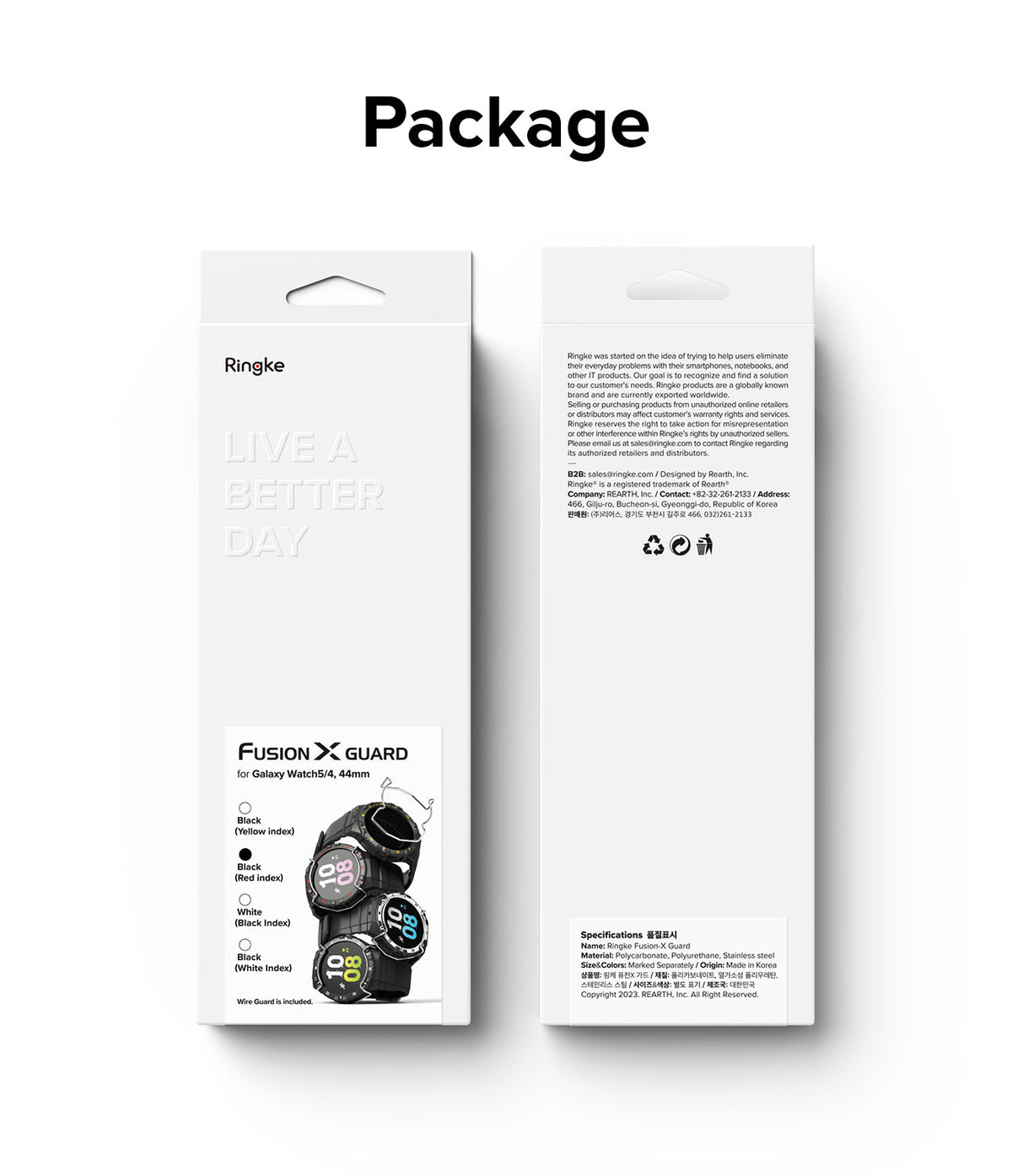Galaxy Watch 5 / 4 (44mm) Case + Band + Wire | Fusion-X Guard - Front and back views of Ringke product packaging.