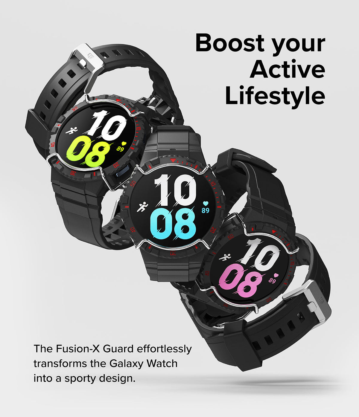 Galaxy Watch 5 / 4 (44mm) Case + Band + Wire | Fusion-X Guard - Three black Galaxy watches with rugged cases and bands.