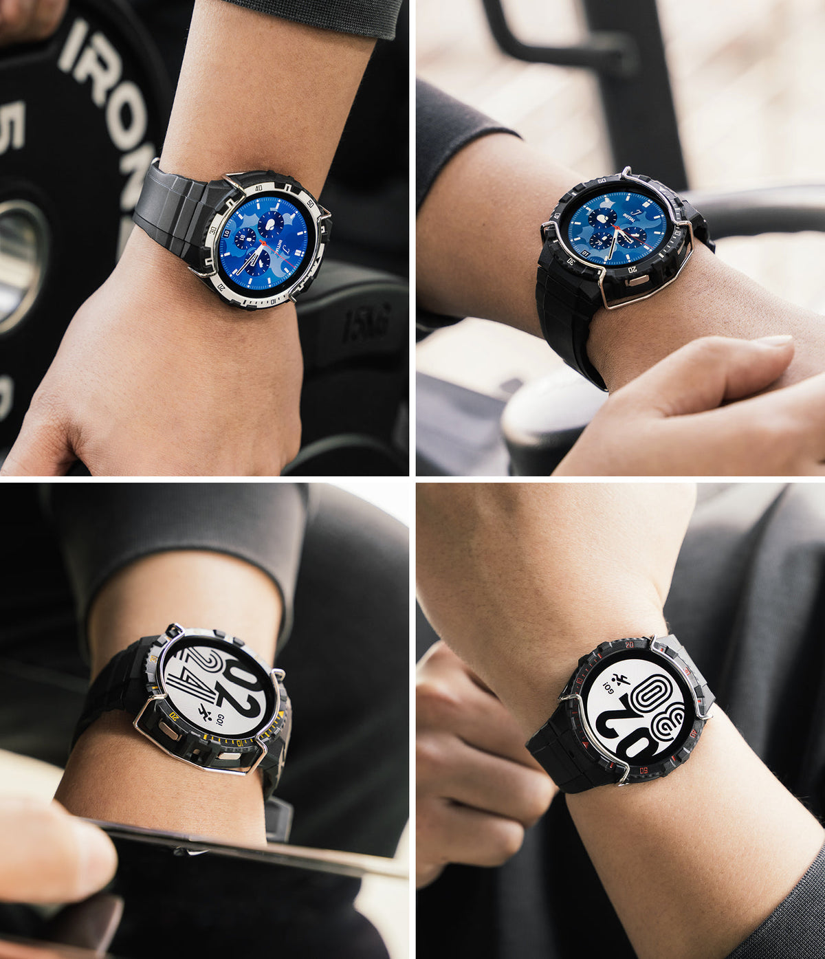Galaxy Watch 5 / 4 (44mm) Case + Band + Wire | Fusion-X Guard - Four views of a rugged black watch case and band on a wrist.