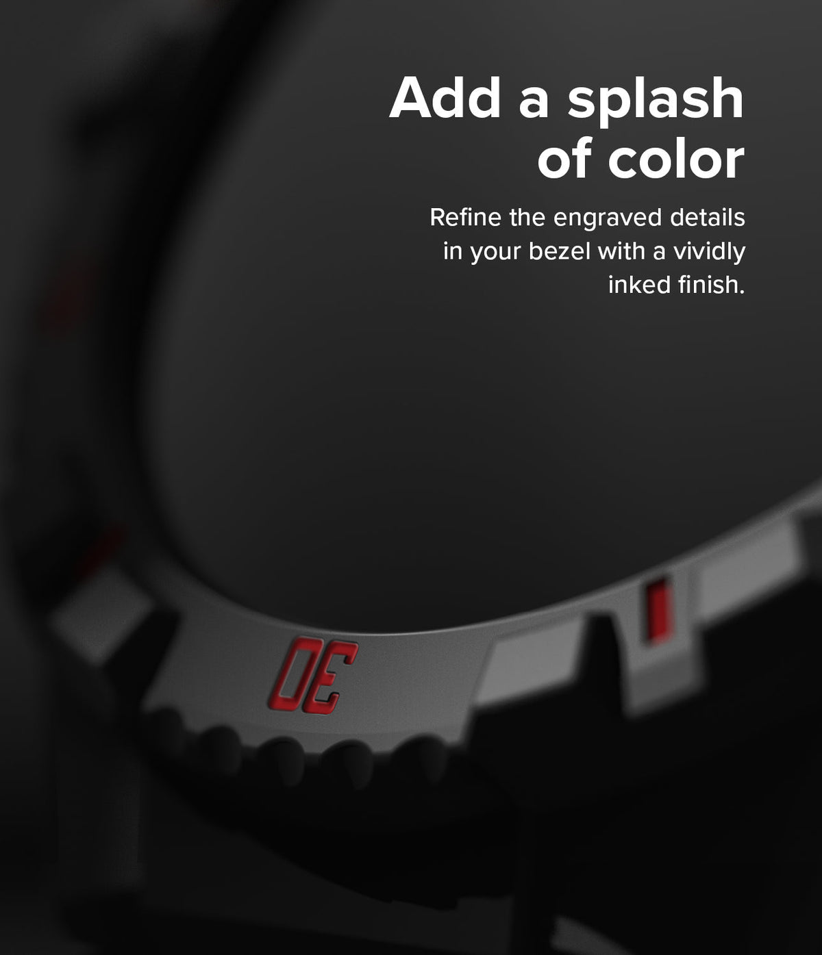 Galaxy Watch 5 / 4 (44mm) Case + Band + Wire | Fusion-X Guard - Close-up of a matte black watch bezel with red ink details.
