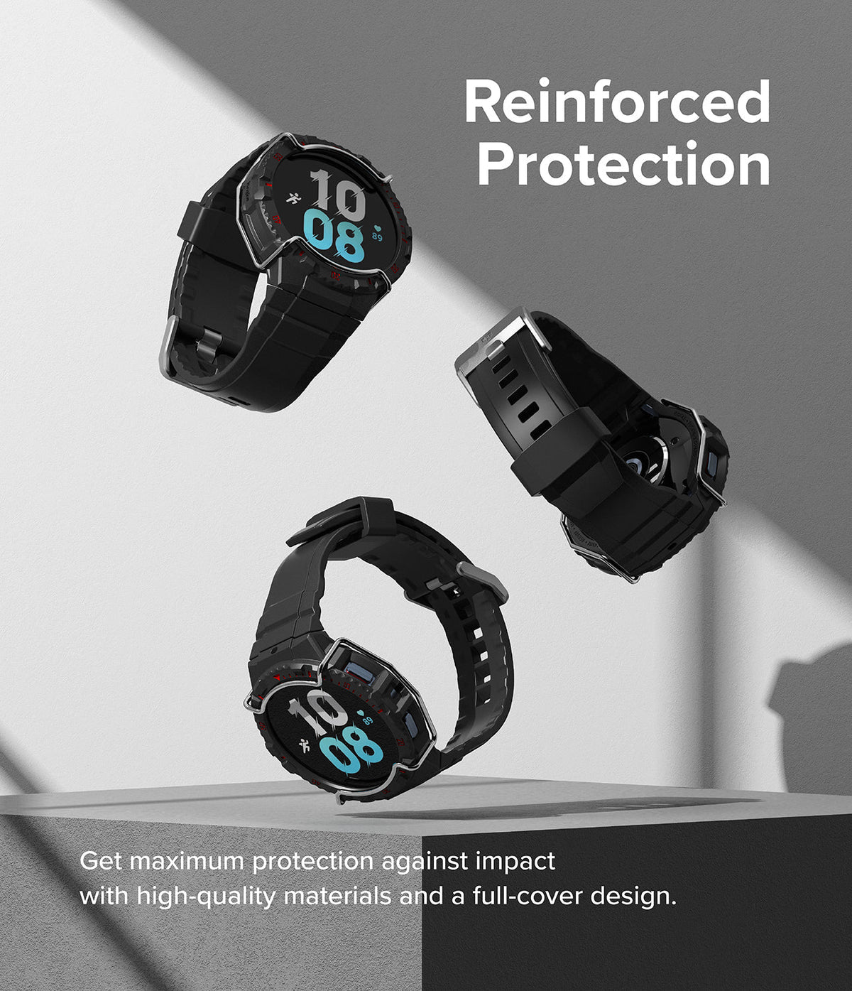 Galaxy Watch 5 / 4 (44mm) Case + Band + Wire | Fusion-X Guard - Three black rugged watch cases floating over a pedestal.