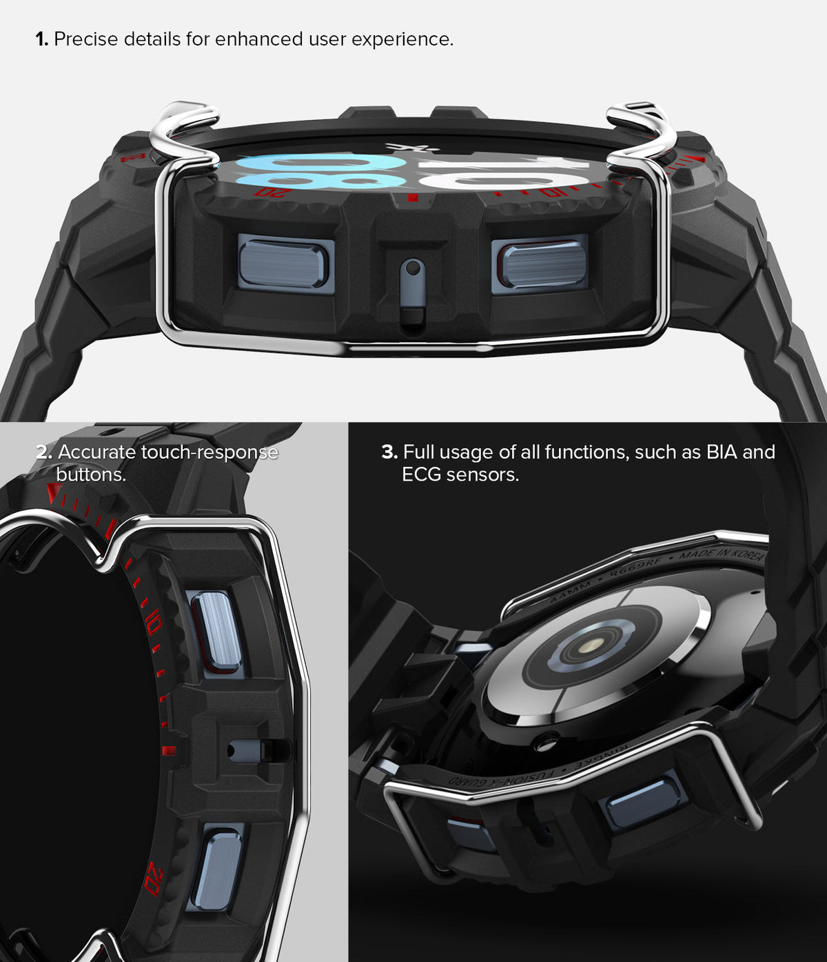 Galaxy Watch 5 / 4 (44mm) Case + Band + Wire | Fusion-X Guard - Close-up views of protective watch case features.