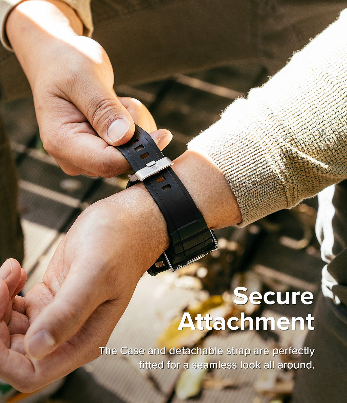 Galaxy Watch 5 / 4 (44mm) Case + Band + Wire | Fusion-X Guard - Hands securing a black watch strap with a metal clasp.