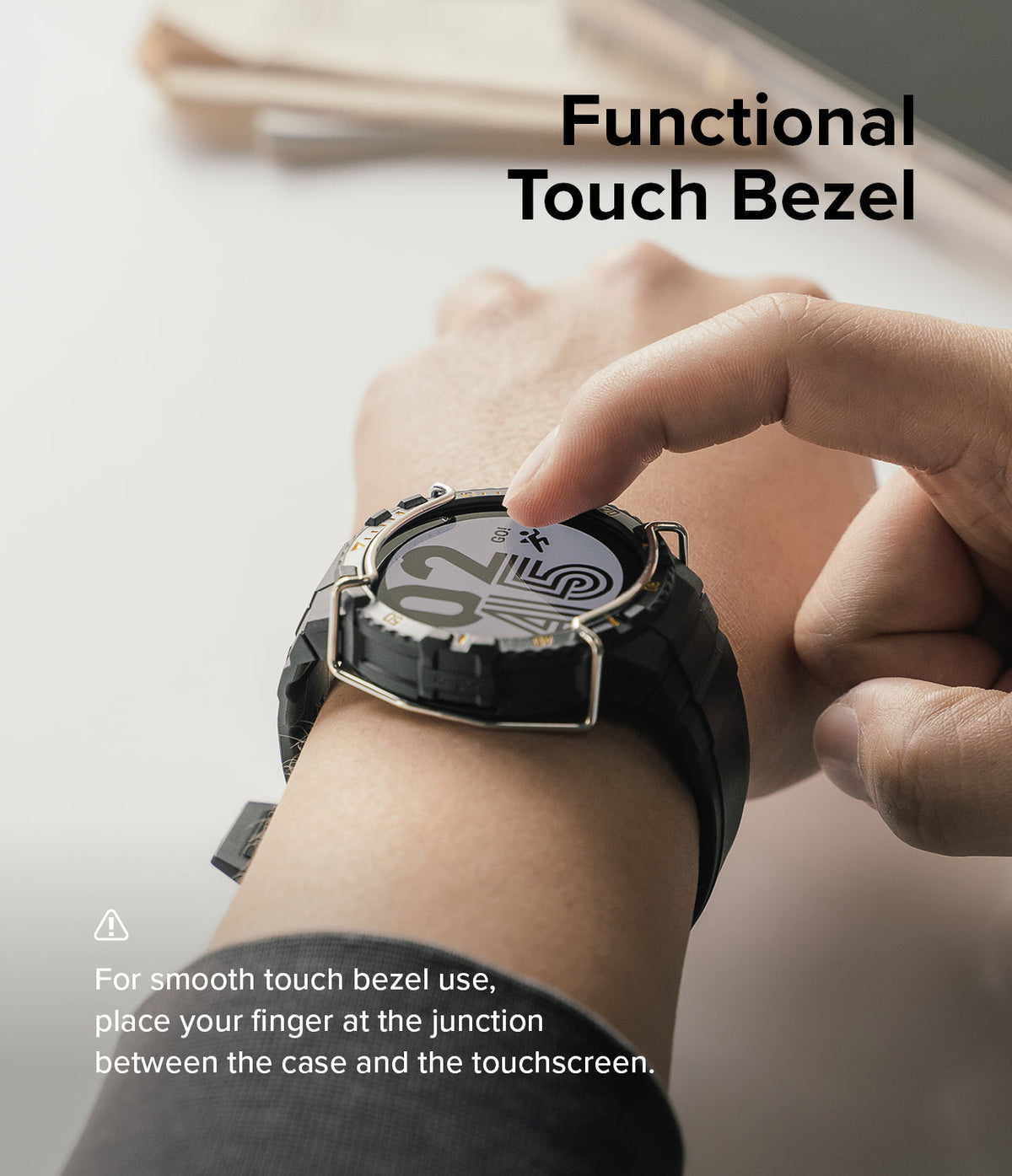 Galaxy Watch 5 / 4 (44mm) Case + Band + Wire | Fusion-X Guard - Finger touching the bezel of a rugged watch case.