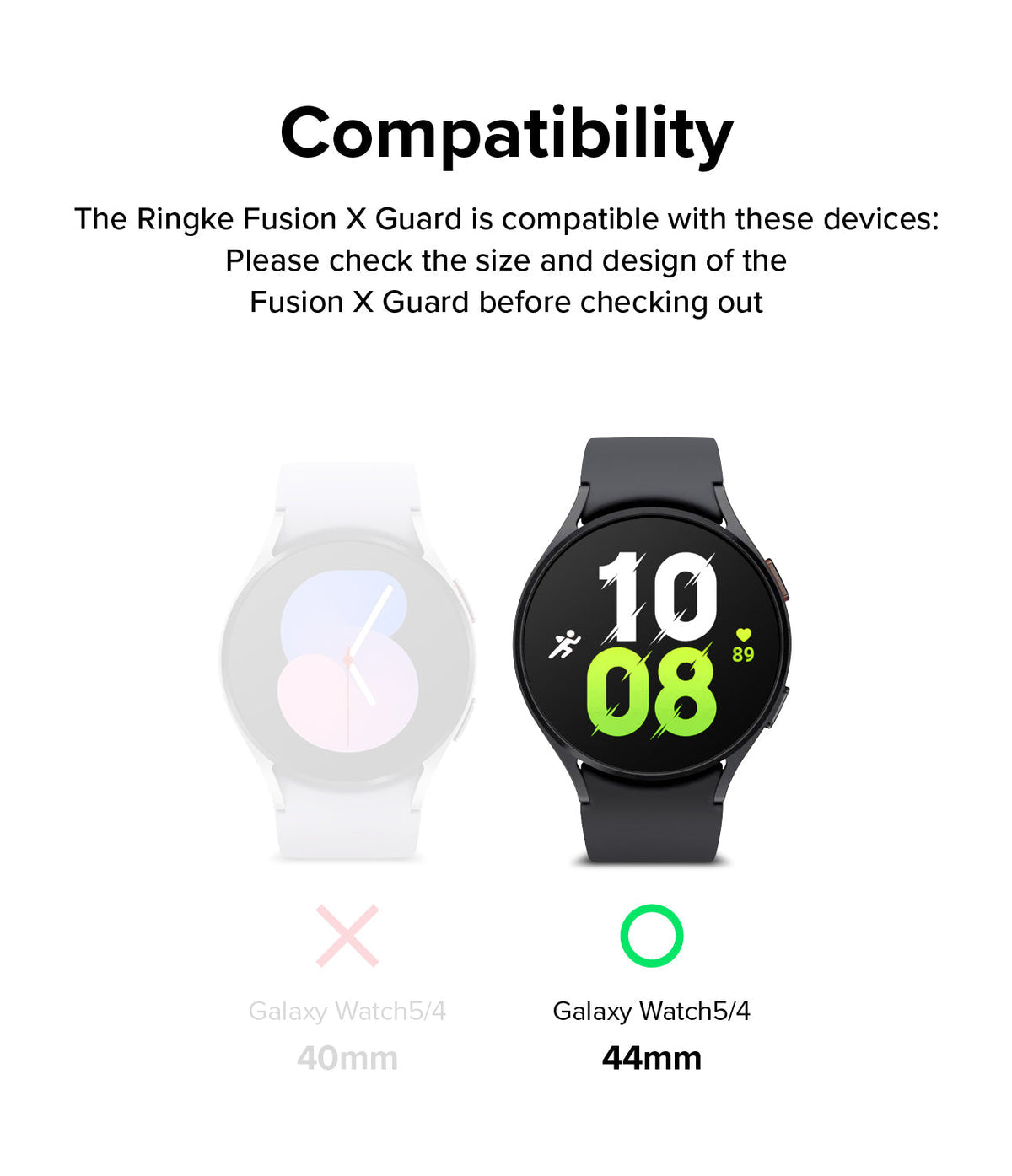 Galaxy Watch 5 / 4 (44mm) Case + Band + Wire | Fusion-X Guard - Compatibility chart showing 44mm watch is supported.