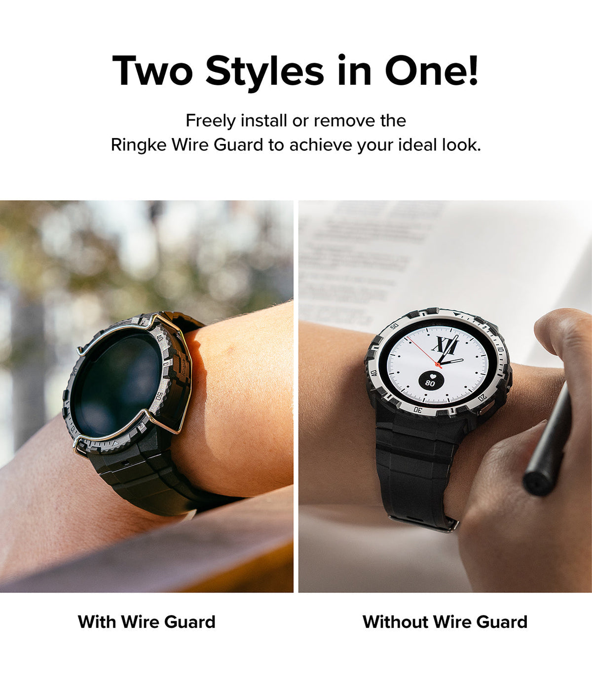 Galaxy Watch 5 / 4 (44mm) Case + Band + Wire | Fusion-X Guard - Comparison of Galaxy Watch with and without wire guard.
