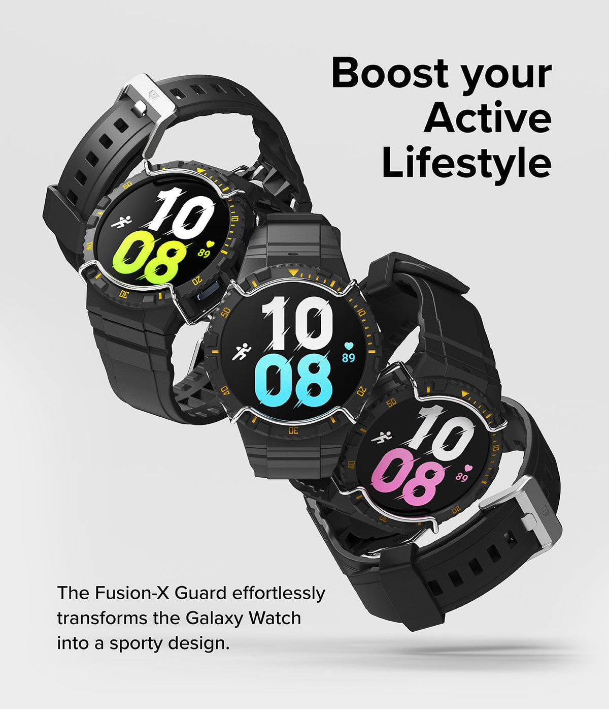Galaxy Watch 5 / 4 (44mm) Case + Band + Wire | Fusion-X Guard - Three Galaxy Watches with rugged black cases and bands.