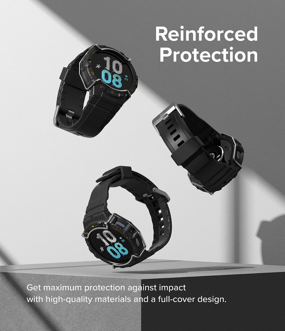 Galaxy Watch 5 / 4 (44mm) Case + Band + Wire | Fusion-X Guard - Three black rugged watch cases floating against a wall.