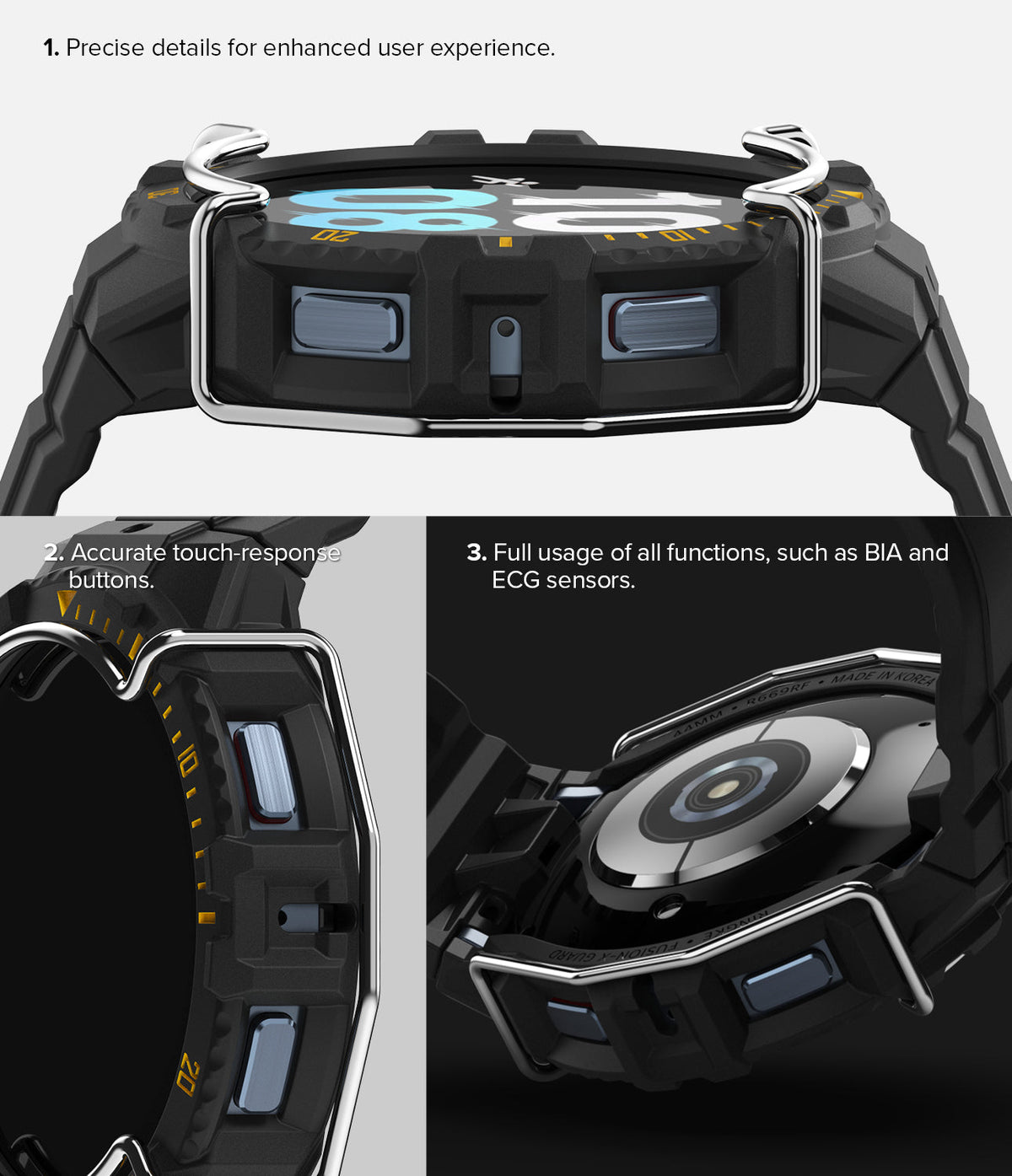 Galaxy Watch 5 / 4 (44mm) Case + Band + Wire | Fusion-X Guard - Close-up of watch case showing buttons and sensor access.