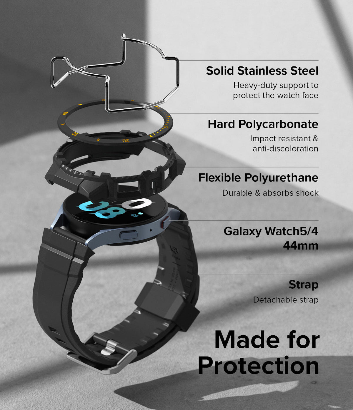 Galaxy Watch 5 / 4 (44mm) Case + Band + Wire | Fusion-X Guard - Exploded view of watch protective layers and components.