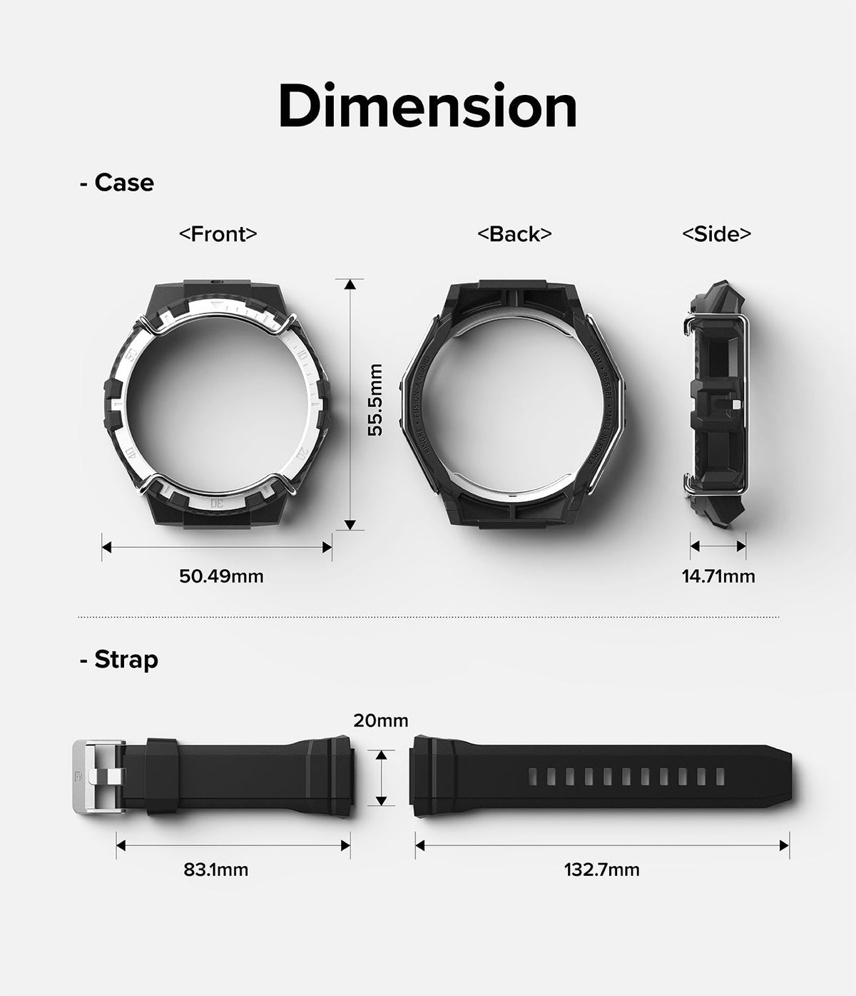 Galaxy Watch 5 / 4 (44mm) Case + Band + Wire | Fusion-X Guard - Technical dimension diagram showing watch case and strap.