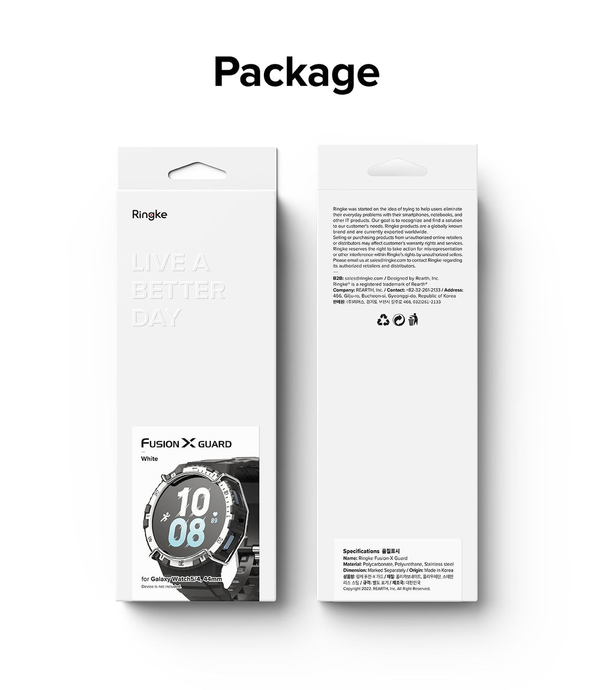 Galaxy Watch 5 / 4 (44mm) Case + Band + Wire | Fusion-X Guard - Front and back views of white Ringke product packaging.