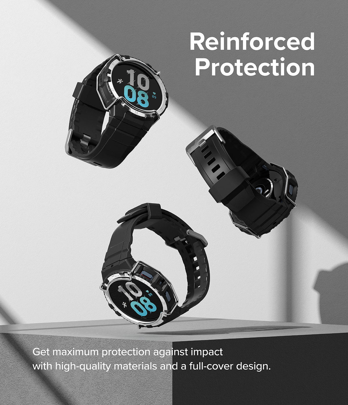 Galaxy Watch 5 / 4 (44mm) Case + Band + Wire | Fusion-X Guard - Three black smartwatches with rugged protective cases.