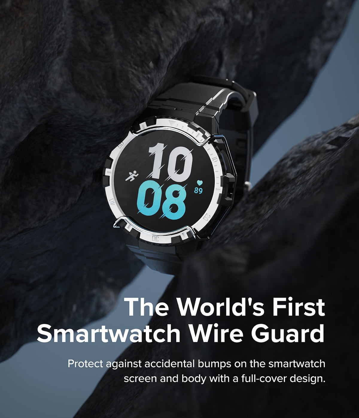 Galaxy Watch 5 / 4 (44mm) Case + Band + Wire | Fusion-X Guard - Smartwatch with a protective wire guard frame between rocks.