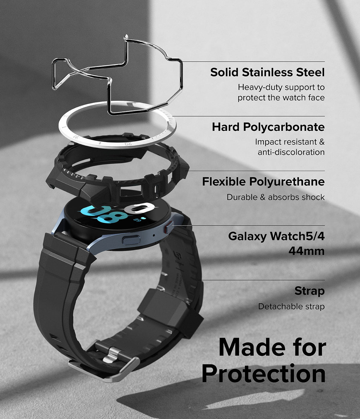 Galaxy Watch 5 / 4 (44mm) Case + Band + Wire | Fusion-X Guard - Exploded view of watch components with material labels.