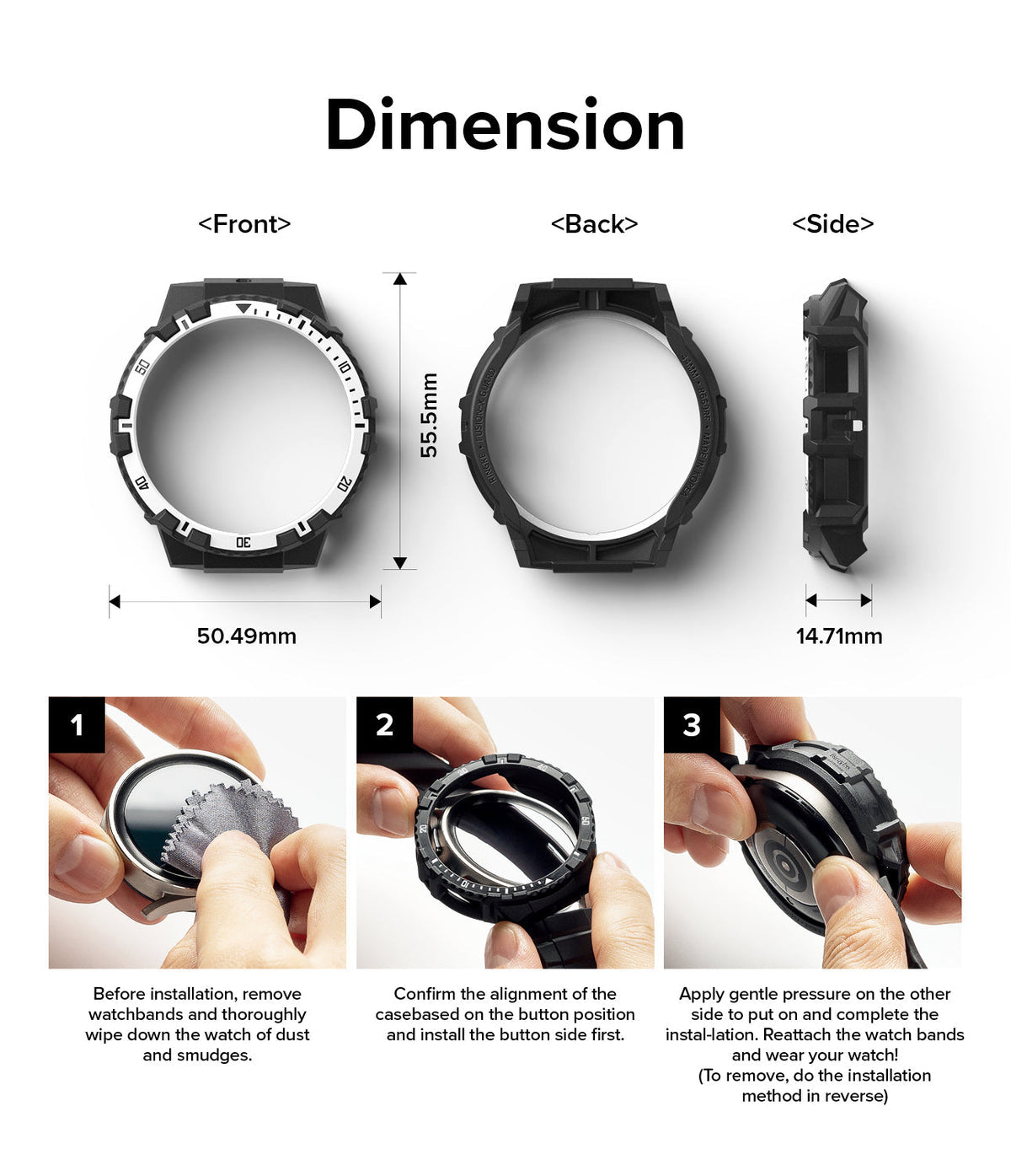 Galaxy Watch 5 / 4 (44mm) Case | Fusion-X - Technical diagram showing dimensions and three-step installation guide.