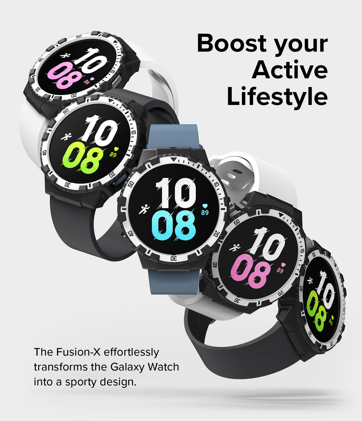 Galaxy Watch 5 / 4 (44mm) Case | Fusion-X - Five Galaxy Watches with Fusion-X cases and colorful digital faces.