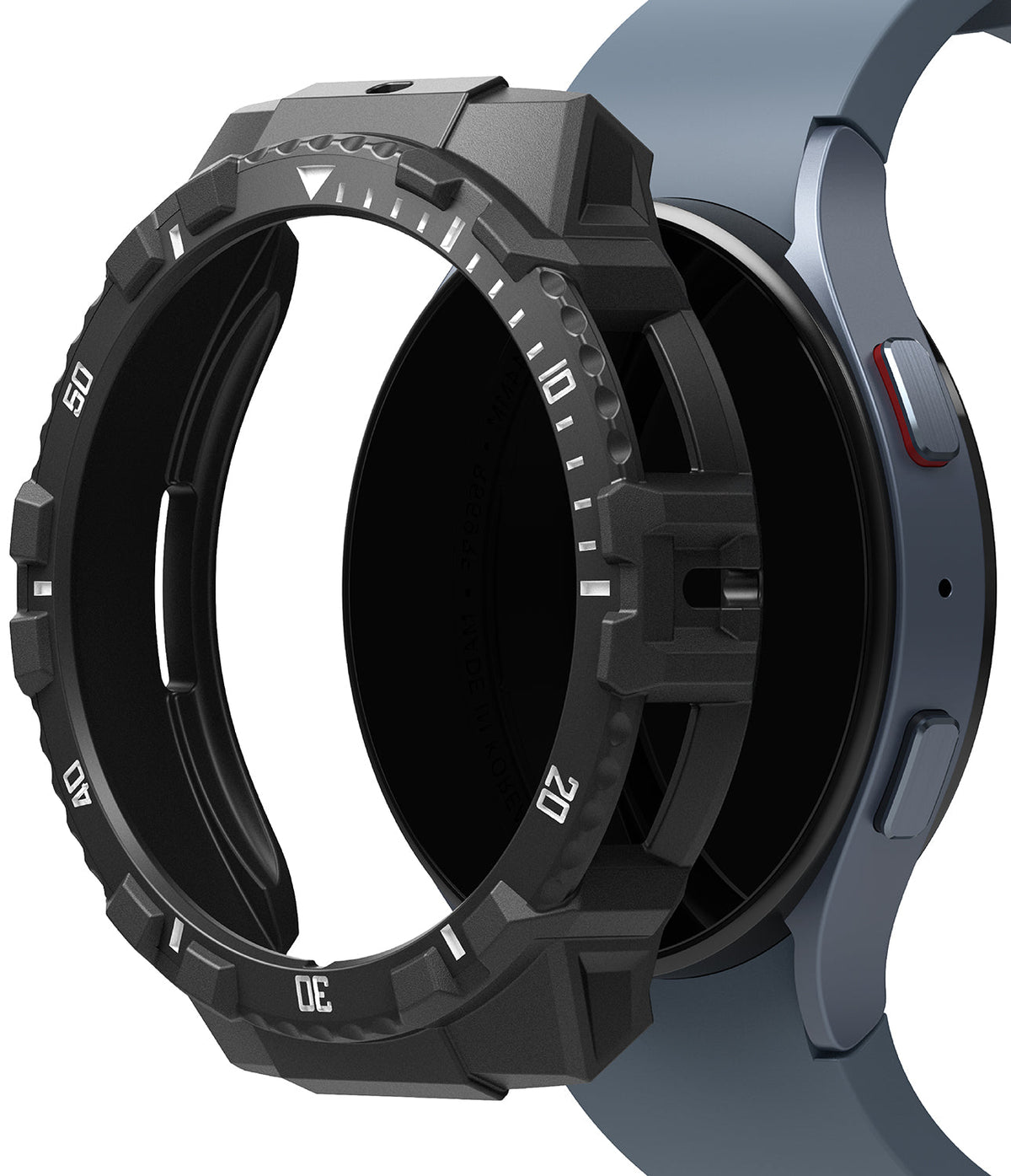 Galaxy Watch 5 / 4 (44mm) Case | Fusion-X - A rugged black protective bezel hovering over a blue Galaxy smartwatch.