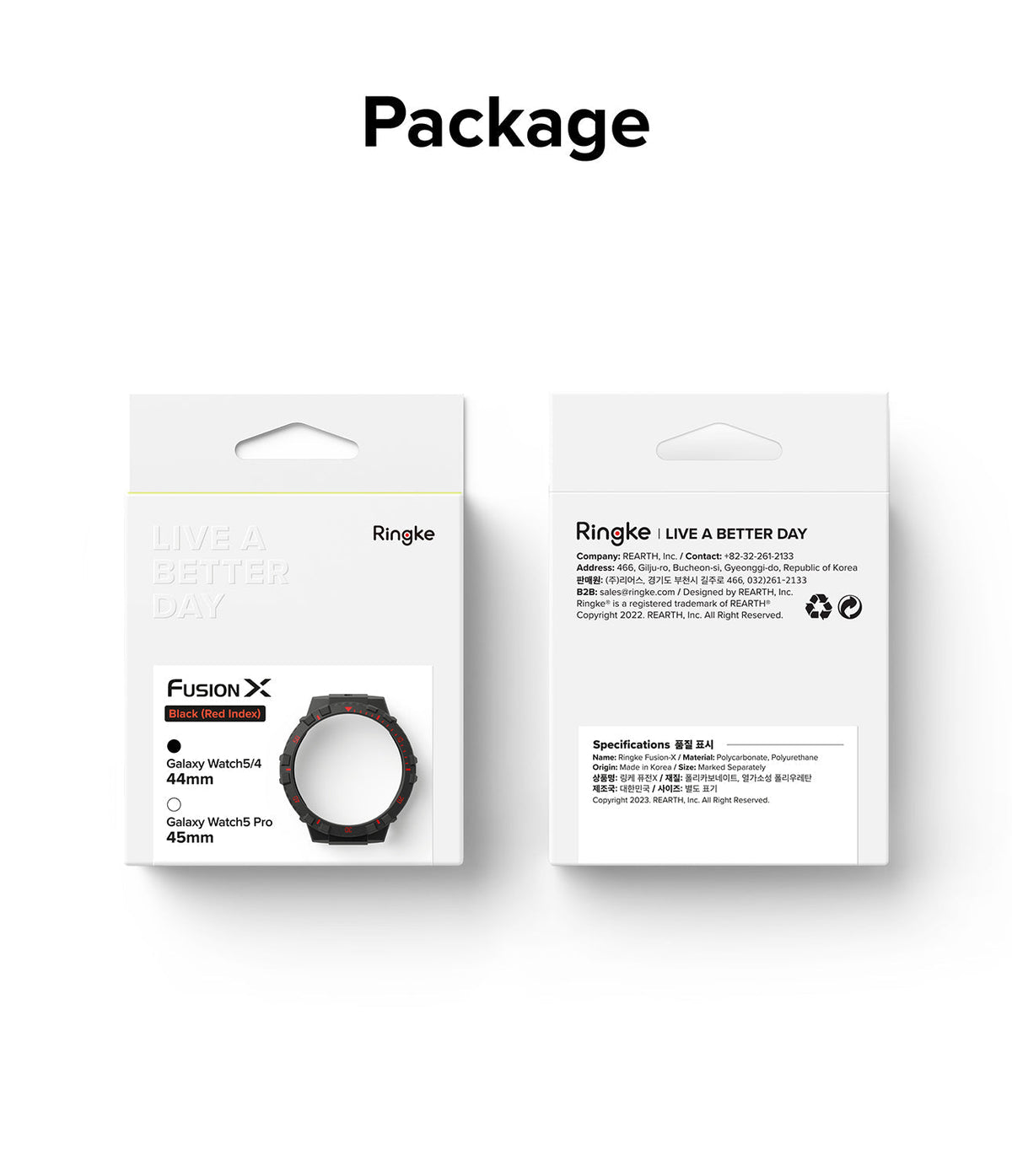Galaxy Watch 5 / 4 (44mm) Case | Fusion-X - Front and back views of the Ringke Fusion-X watch case retail packaging.