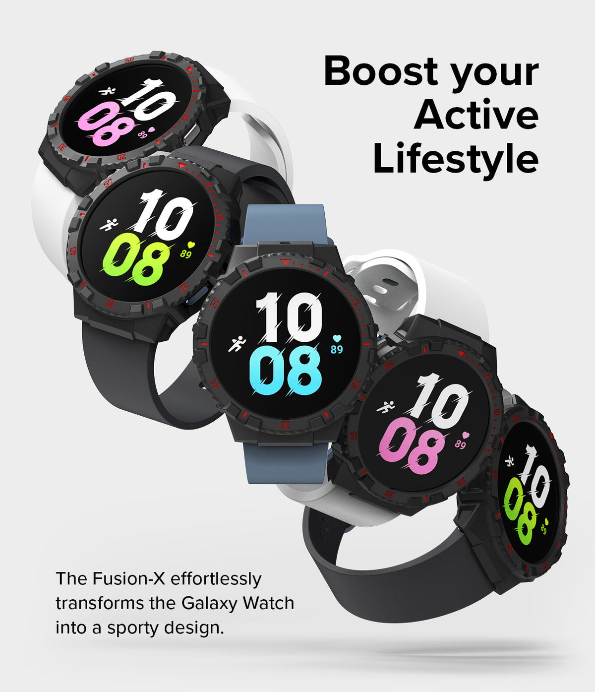 Galaxy Watch 5 / 4 (44mm) Case | Fusion-X - Five Galaxy Watches with rugged Fusion-X cases and colorful digital faces.