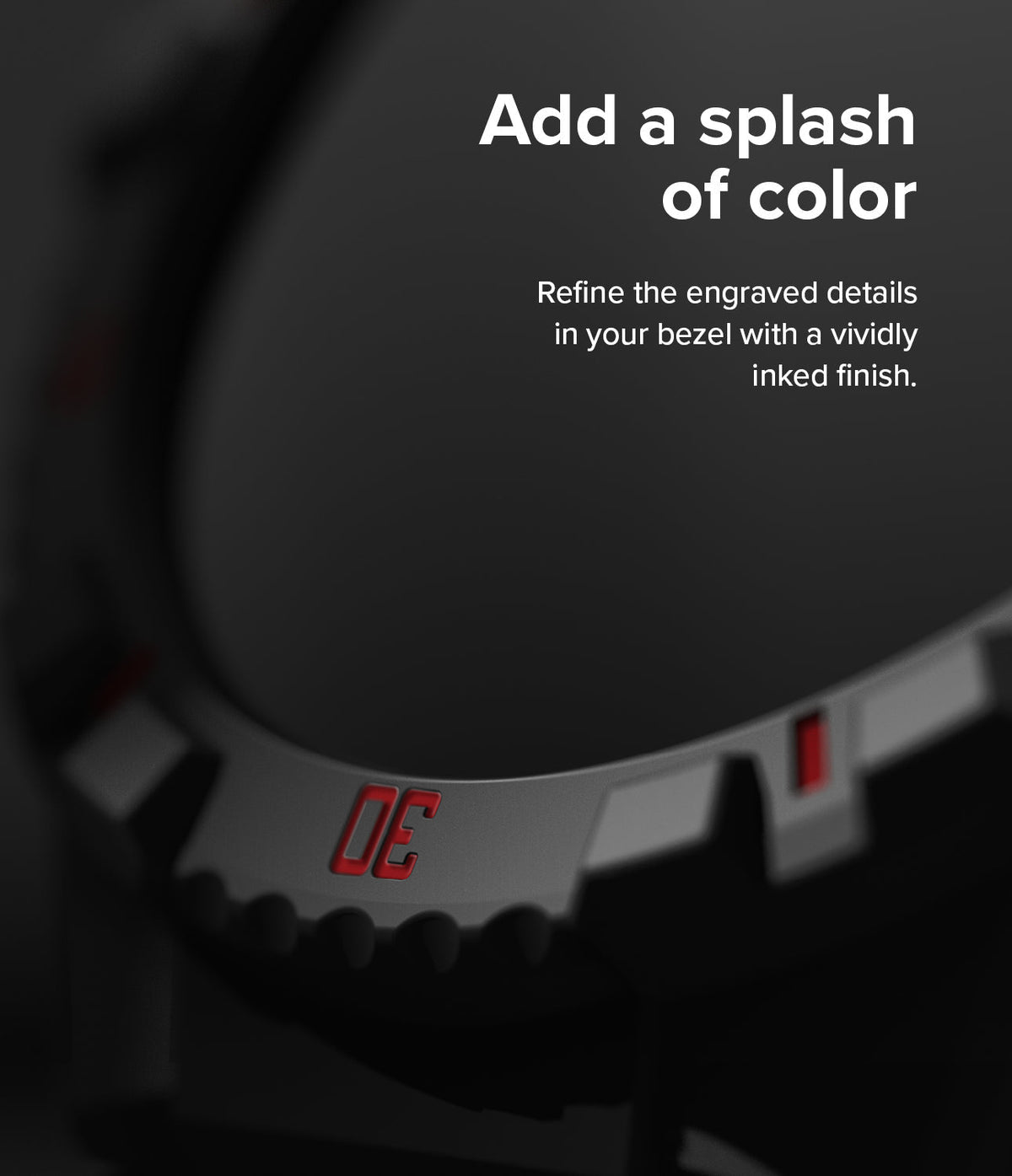 Galaxy Watch 5 / 4 (44mm) Case | Fusion-X - Close-up of a matte black watch bezel with vibrant red ink filling the engraved numbers.