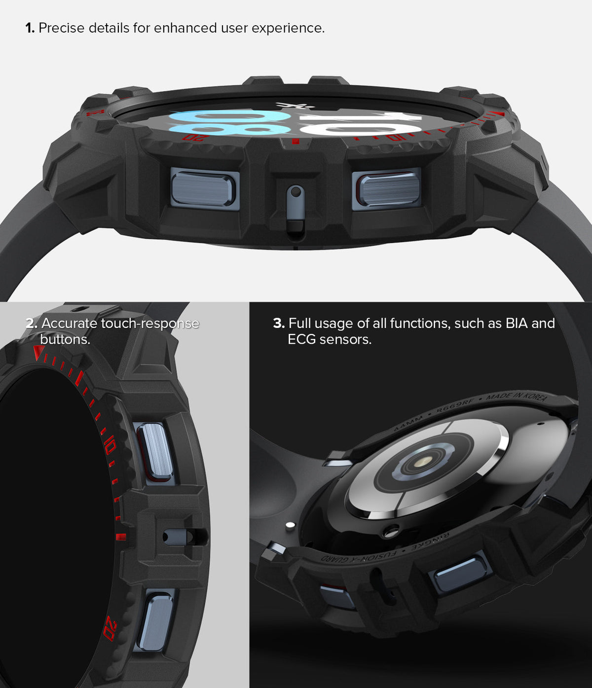 Galaxy Watch 5 / 4 (44mm) Case | Fusion-X - Close-up views of a rugged black watch case showing button and sensor access.