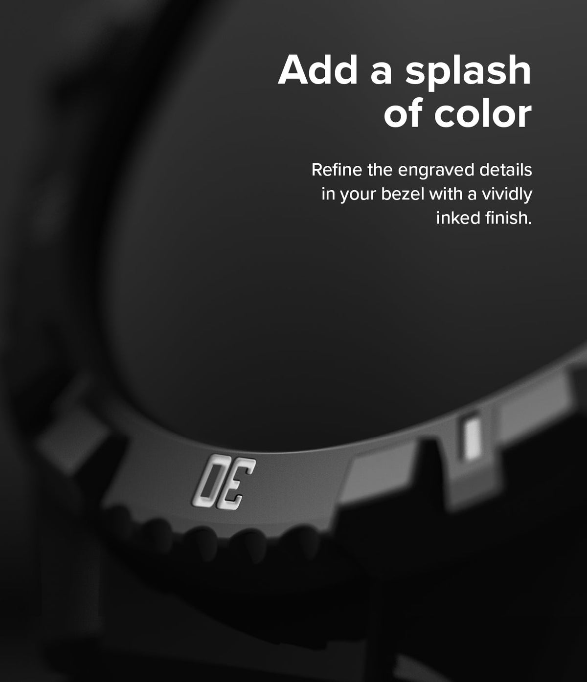 Galaxy Watch 5 / 4 (44mm) Case | Fusion-X - Close-up of a matte black watch bezel with engraved, white-inked numbers.