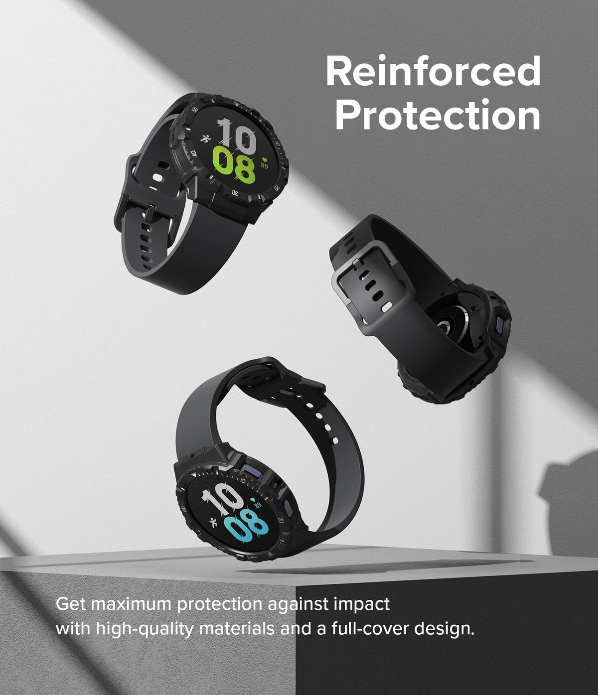Galaxy Watch 5 / 4 (44mm) Case | Fusion-X - Three black Galaxy watches with protective cases floating above a pedestal.