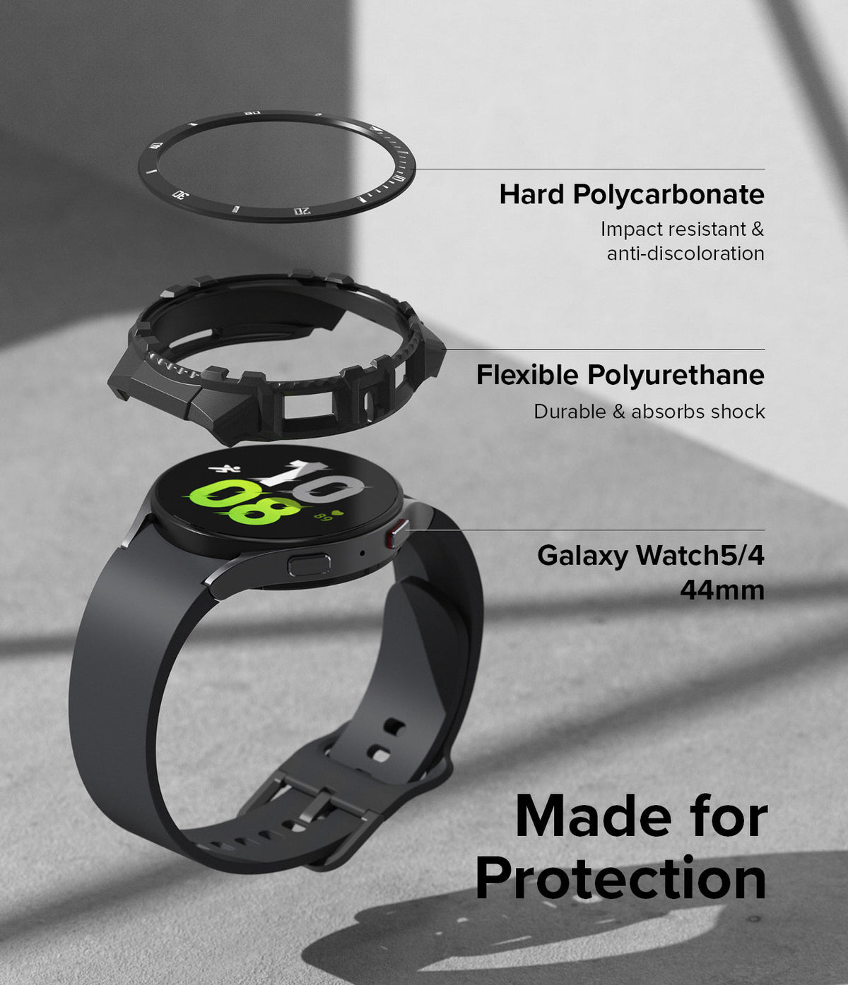 Galaxy Watch 5 / 4 (44mm) Case | Fusion-X - Exploded view of a smartwatch case with polycarbonate and polyurethane layers.