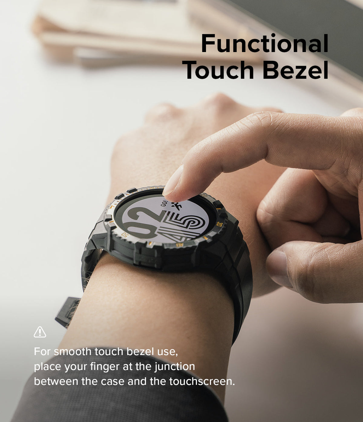 Galaxy Watch 5 / 4 (44mm) Case | Fusion-X - Finger touching the edge of a rugged black watch case on a Galaxy Watch.