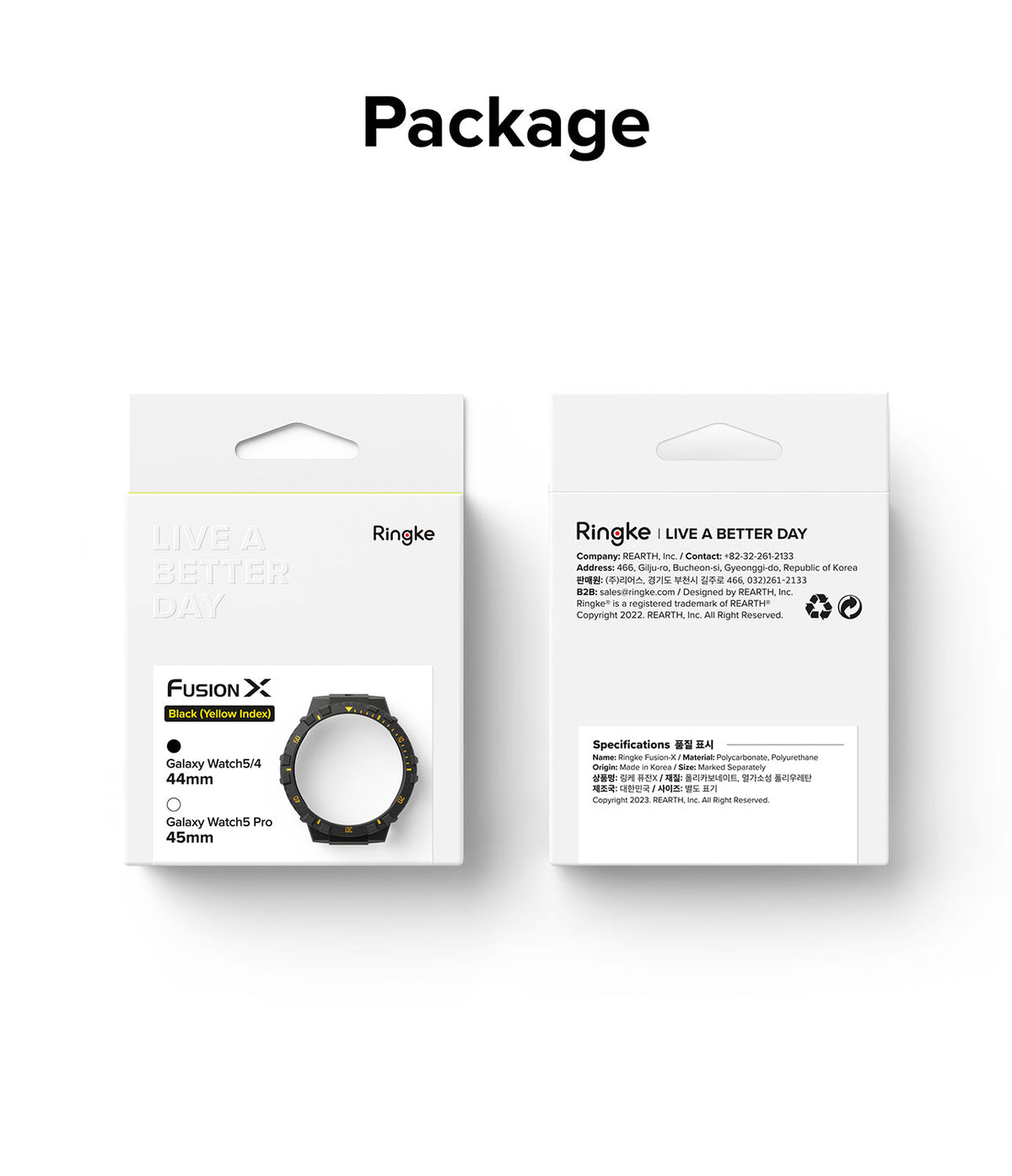 Galaxy Watch 5 / 4 (44mm) Case | Fusion-X - Front and back view of Ringke Fusion-X watch case packaging with product info.