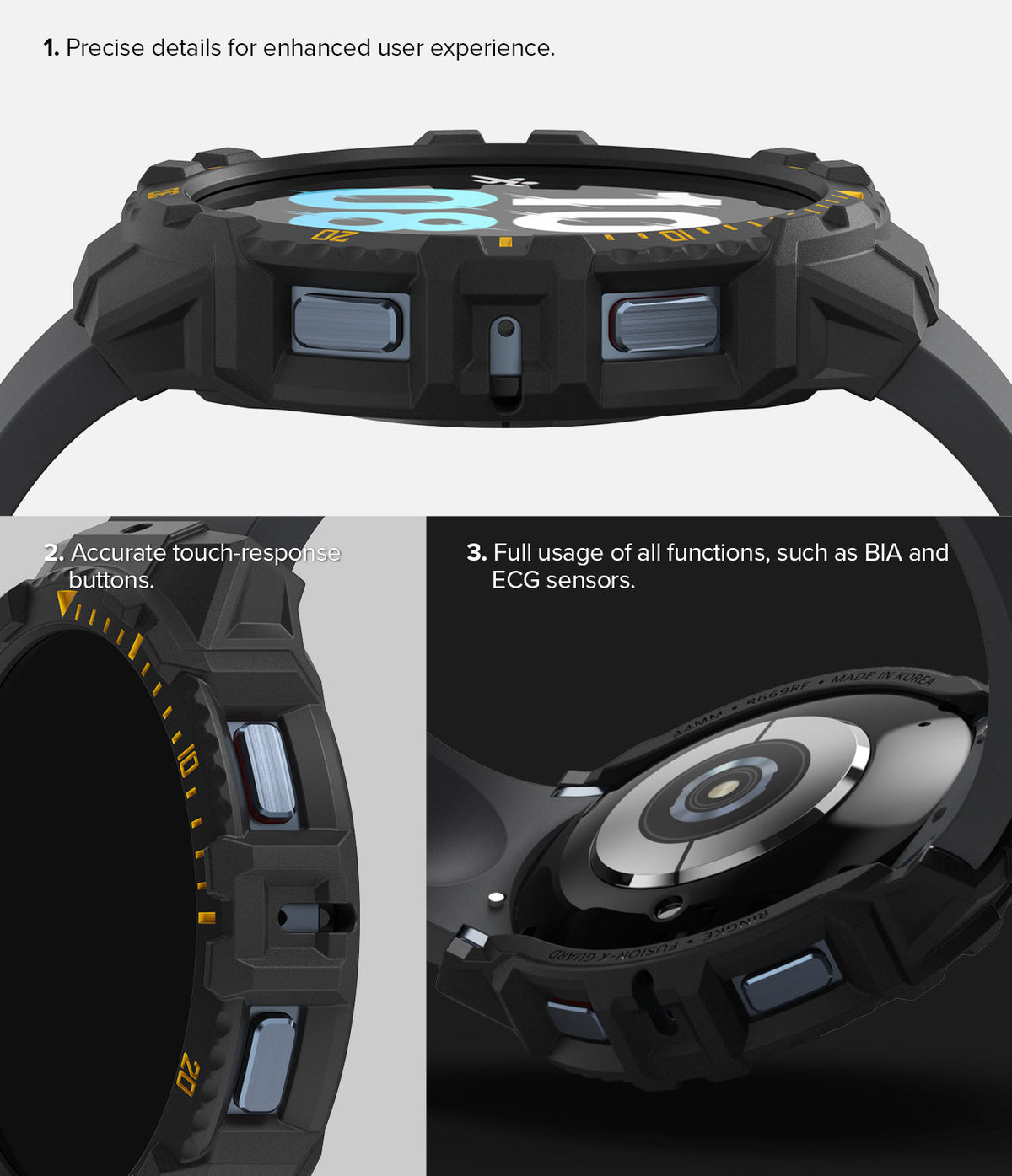 Galaxy Watch 5 / 4 (44mm) Case | Fusion-X - Close-up views of a rugged black watch case showing button access and sensor clearance.