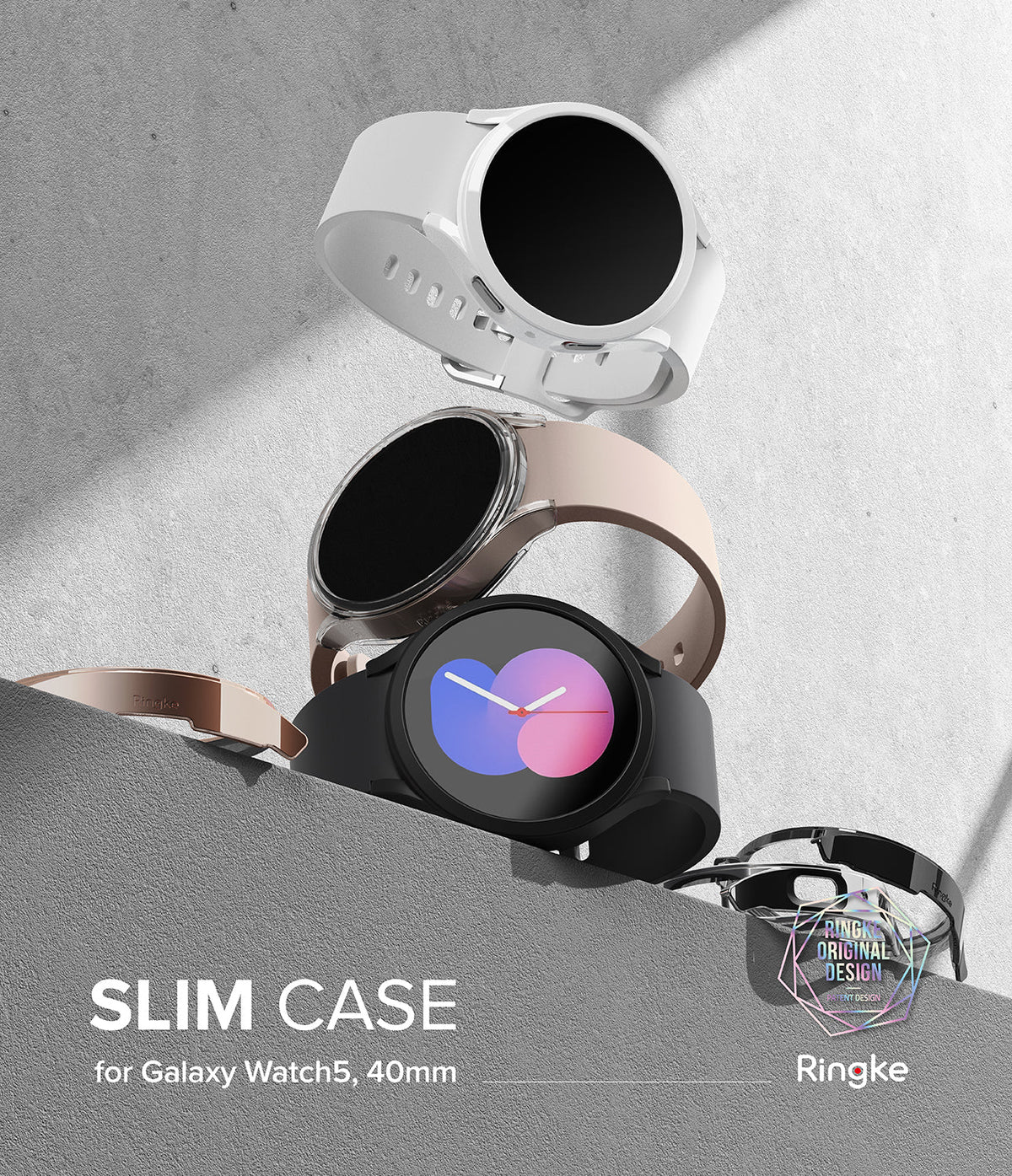 Galaxy Watch 5 (40mm) Case | Slim - Three Galaxy Watch 5 units in white, pink, and black stacked on a concrete surface.
