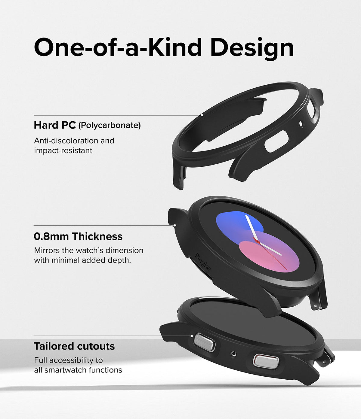 Galaxy Watch 5 (40mm) Case | Slim - Exploded view of a black slim watch case highlighting material, thickness, and cutouts.