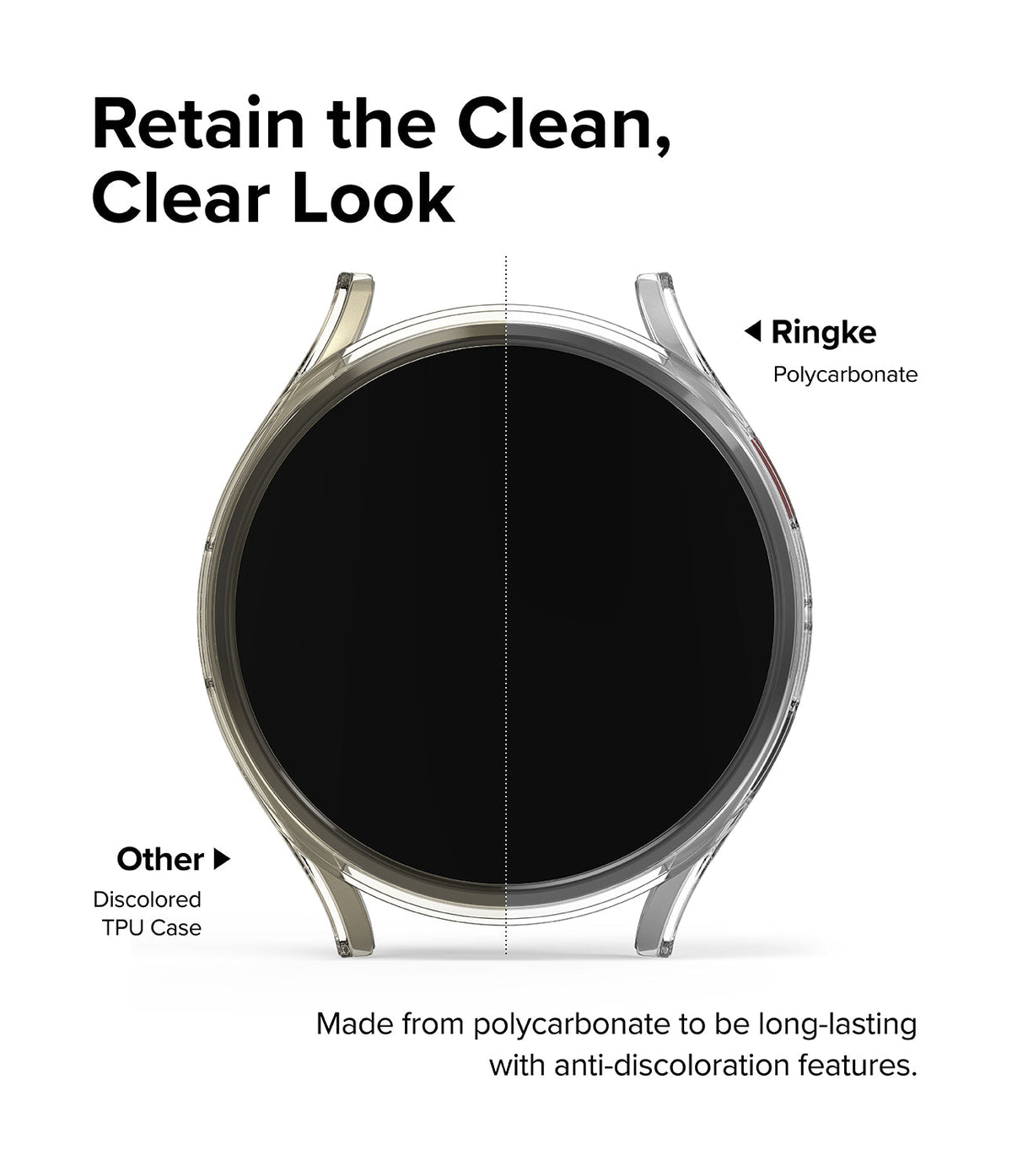 Galaxy Watch 5 (40mm) Case | Slim - Comparison of a clear Ringke polycarbonate case versus a yellowed TPU case.
