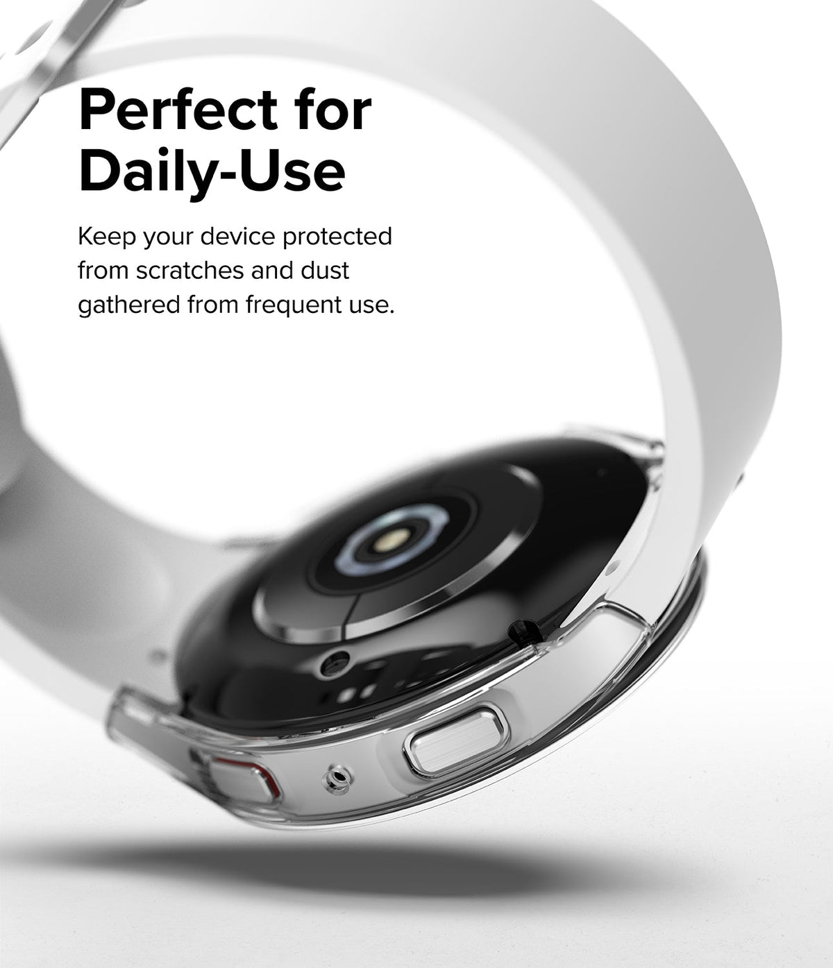 Galaxy Watch 5 (40mm) Case | Slim - Clear protective case on a Galaxy Watch 5 with a white band, showing side buttons.