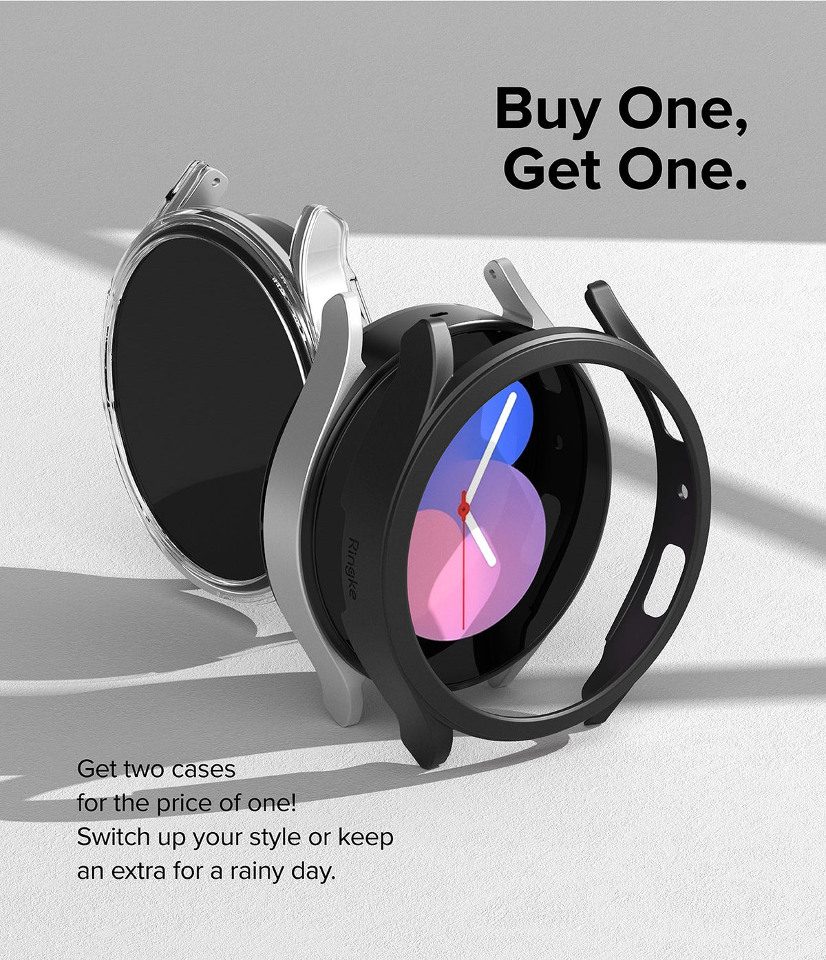 Galaxy Watch 5 (40mm) Case | Slim - Clear and black protective cases for Galaxy Watch 5 displayed on a white surface.