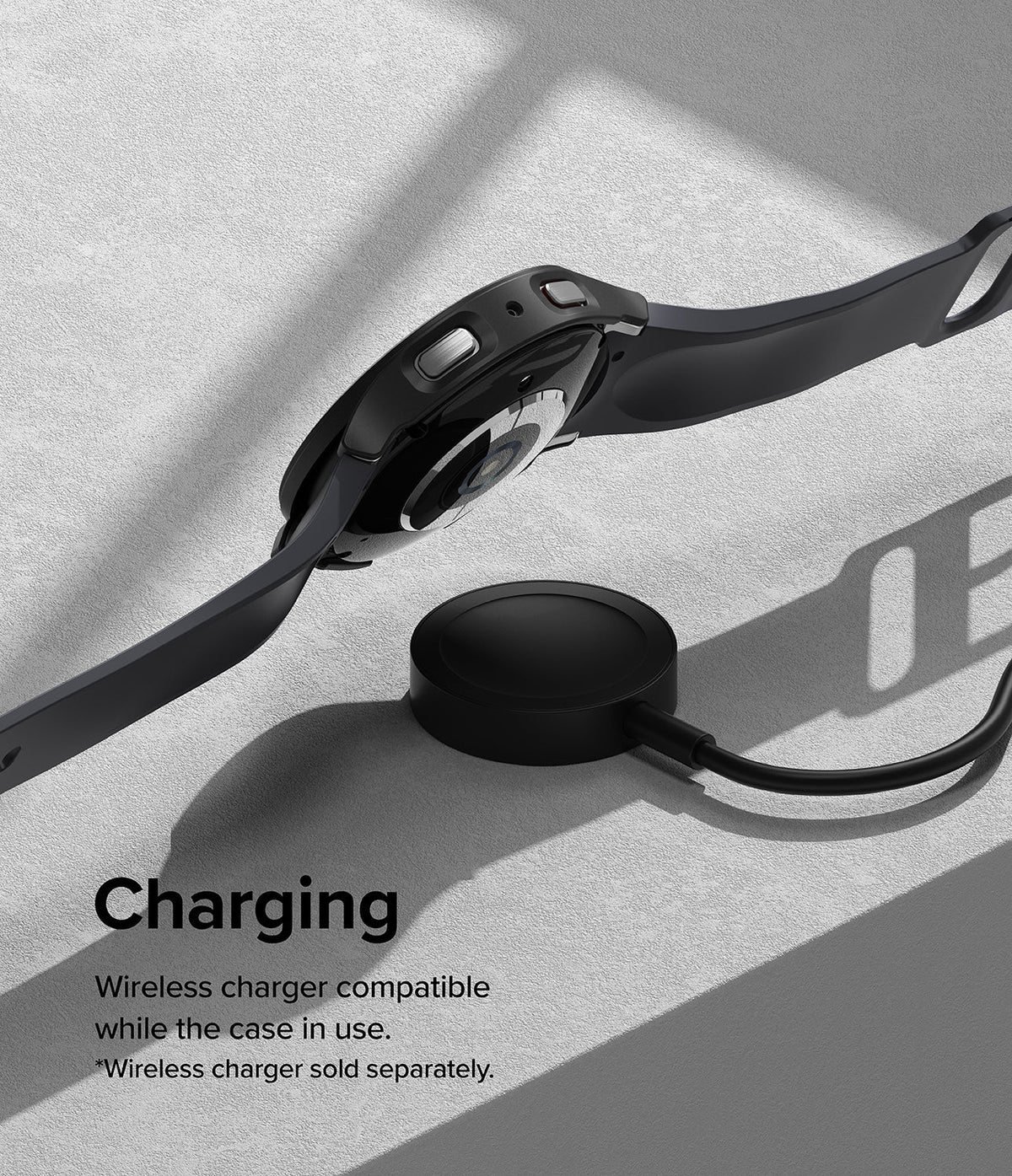 Galaxy Watch 5 (40mm) Case | Slim - Black watch case on a Galaxy Watch 5 hovering above a wireless charging puck.