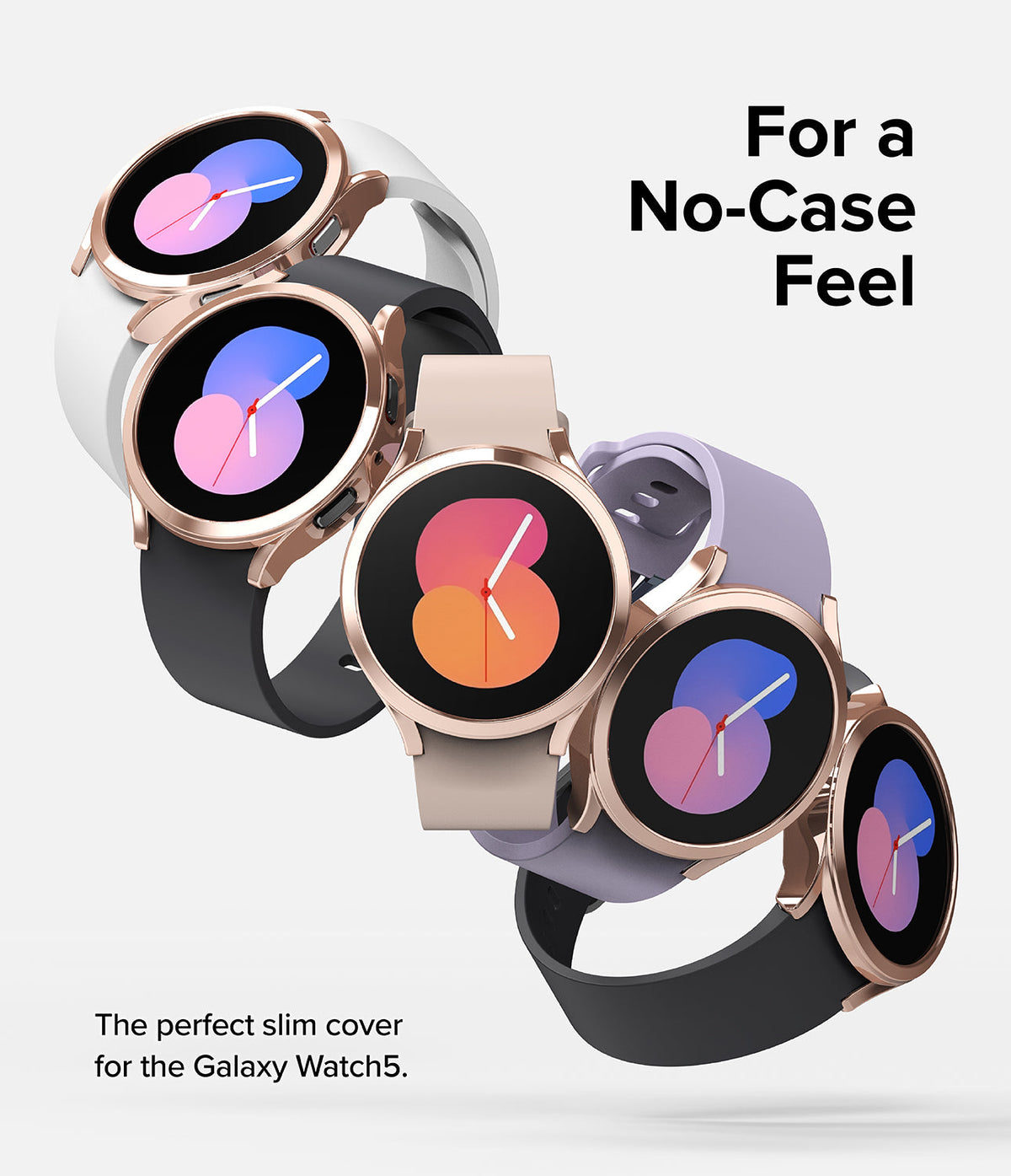 Galaxy Watch 5 (40mm) Case | Slim - Five Galaxy Watch 5 units with slim rose gold cases and various colored bands.