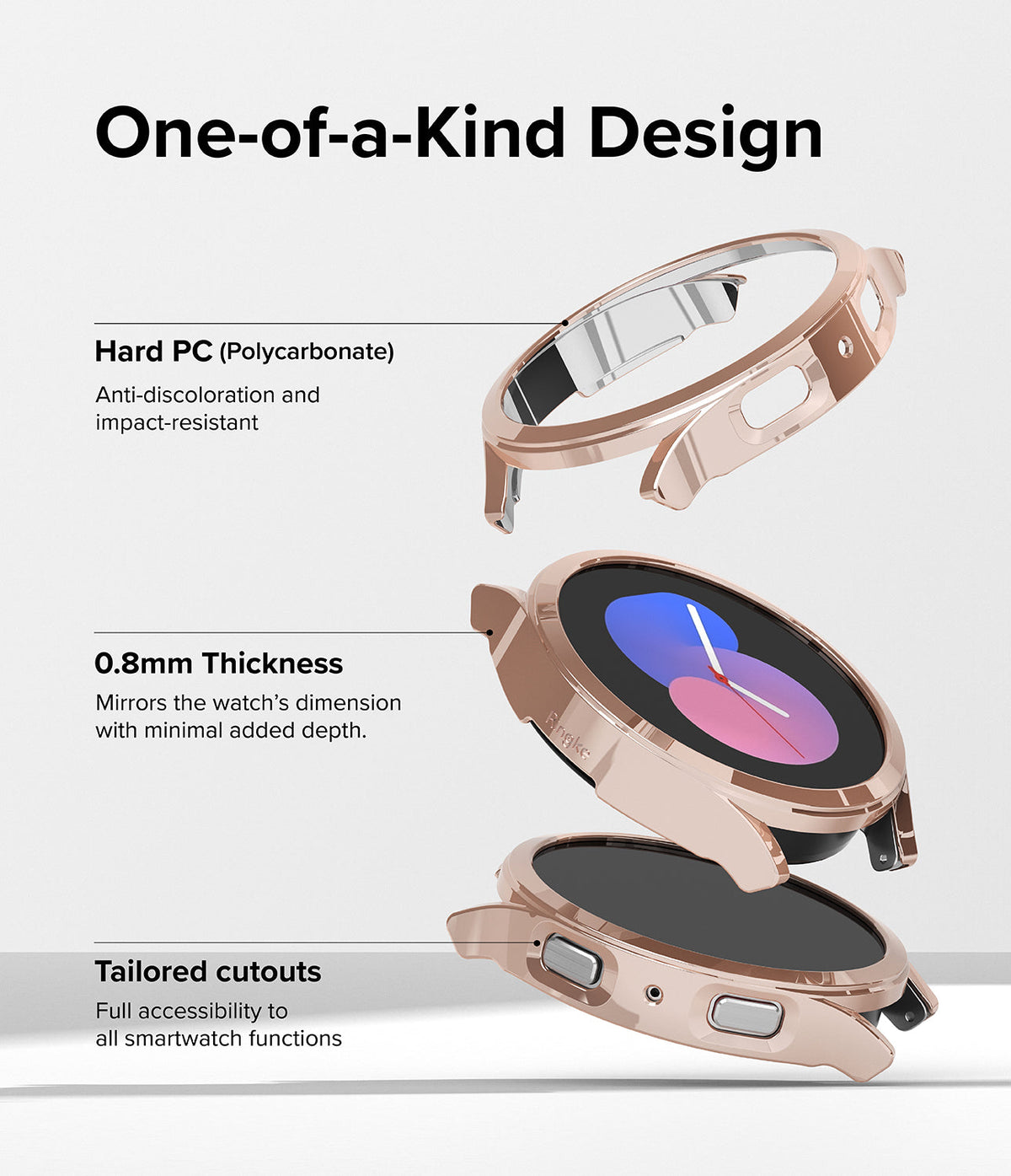 Galaxy Watch 5 (40mm) Case | Slim - Exploded view of a rose gold watch case highlighting PC material, 0.8mm thickness, and cutouts.