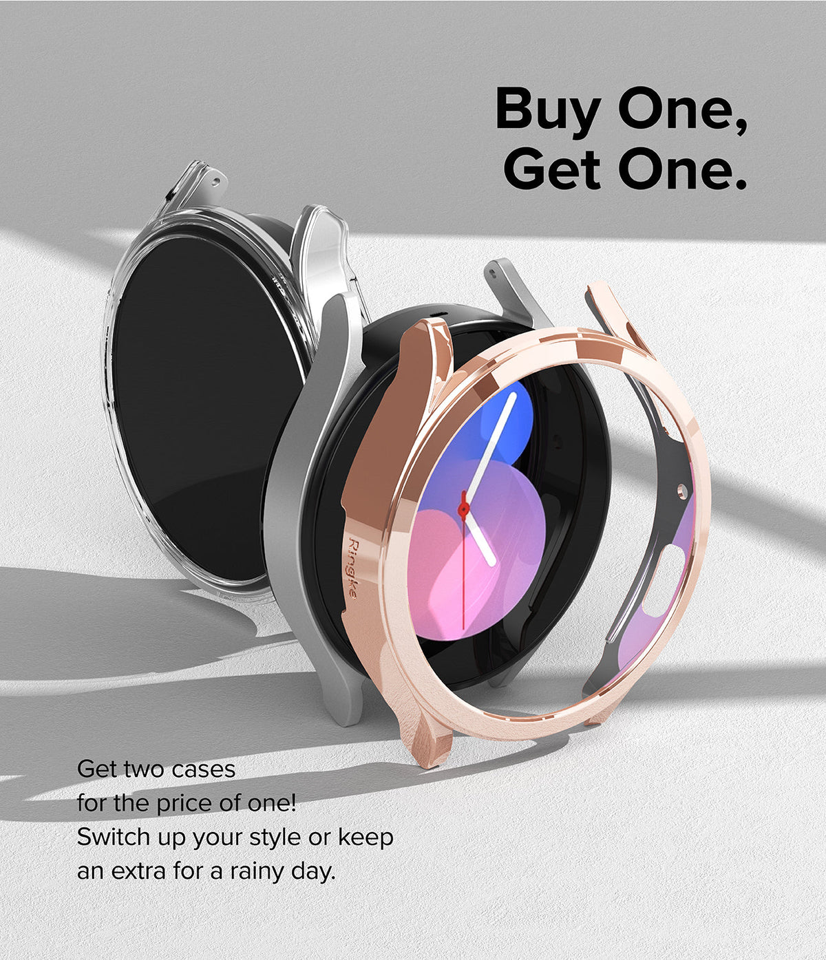 Galaxy Watch 5 (40mm) Case | Slim - Two Galaxy Watch 5 cases, one clear and one rose gold, displayed with Buy One, Get One text.